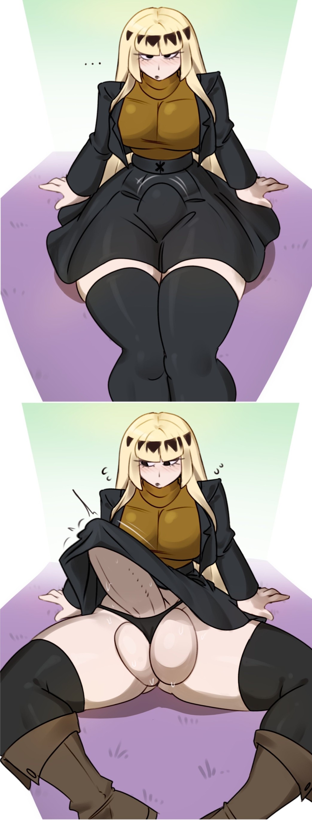 1futa, blonde hair, blushing female, breasts, bulge, bulge through clothing, futa only, futanari, goth girl, hard cock, heavy balls, henfent, horny female, hung, hung futa, impractical clothing, jessie (hentae), light-skinned futa, penis, penis under clothes, penis under skirt, skirt lifted by penis, solo, sunk118, sweaty balls, tenting, thick thighs