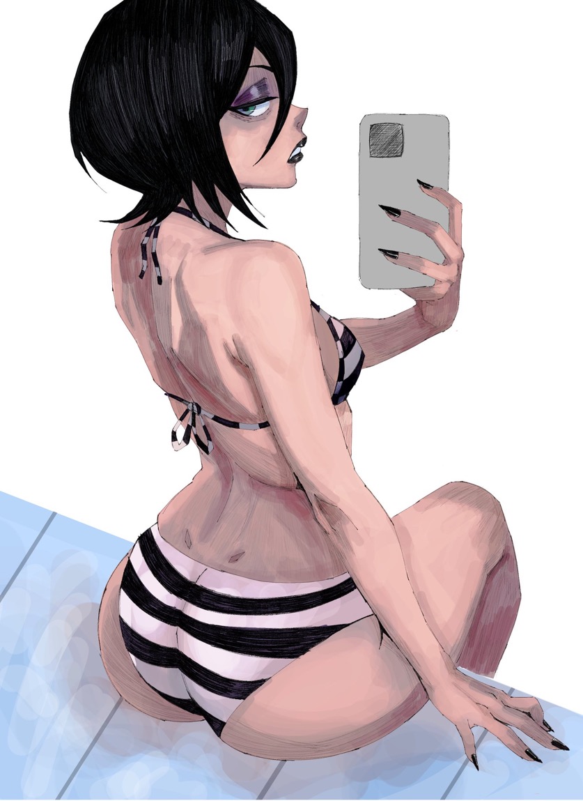 1girls, 2026, 2d, 2d (artwork), asian, asian female, ass, back view, behind view, big ass, bikini, black hair, black lipstick, black nails, bleach, bleach: the thousand-year blood war, bra, breasts, color, eyeshadow, fat ass, female, female only, hex mamaniac, hi res, highres, kuchiki rukia, legs, light skin, light-skinned female, lipstick, long nails, looking at viewer, looking back, makeup, nail polish, petite, petite body, petite female, phone, rukia kuchiki, seductive, seductive look, sexy, sexy body, sexy female, short hair, sitting, sketch, small breasts, solo, solo female, thick thighs, thighs, thong, tight ass, underwear
