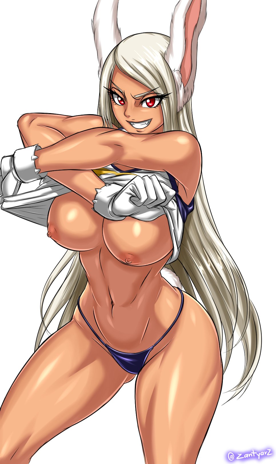 abs big_breasts bunny_ears bunny_tail dark-skinned_female dark_skin fangs female female_only grin long_hair miruko muscular muscular_female my_hero_academia nipples panties red_eyes rumi_usagiyama shirt_lift solo solo_female solo_focus undressing white_hair zantyarz