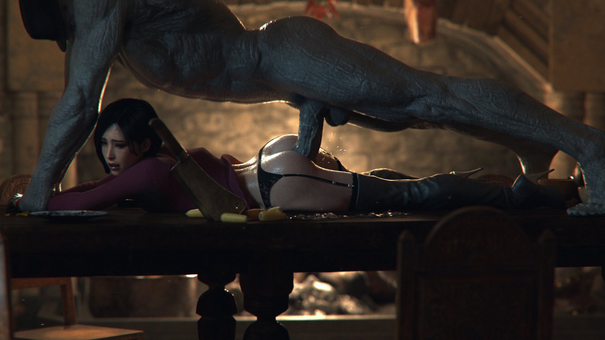 3d, ada wong, ada wong (adriana), big penis, black gloves, capcom, cum, cum in ass, female, fucked from behind, gloves, hat, high heel boots, high heels, human, human female, interspecies, kitchen knife, leather gloves, leeterr, monster, monster on female, mr x, on table, resident evil, resident evil 4, sex on table, straight, tyrant