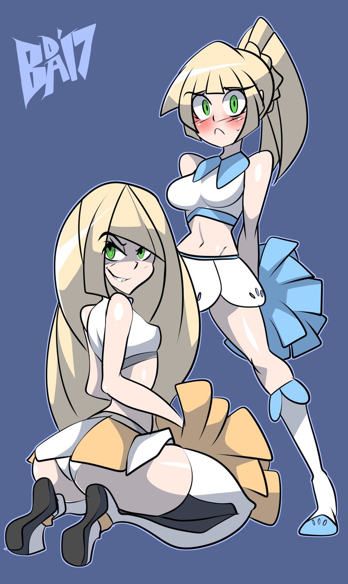 2girls, aether foundation, ass, bigdeadalive, blonde hair, blush, cheerleader, cheerleader uniform, embarrassed, female, green eyes, human, lillie (pokemon), looking at viewer, lusamine (pokemon), midriff, mother and daughter, nintendo, panties, pokemon, pokemon sm, simple background