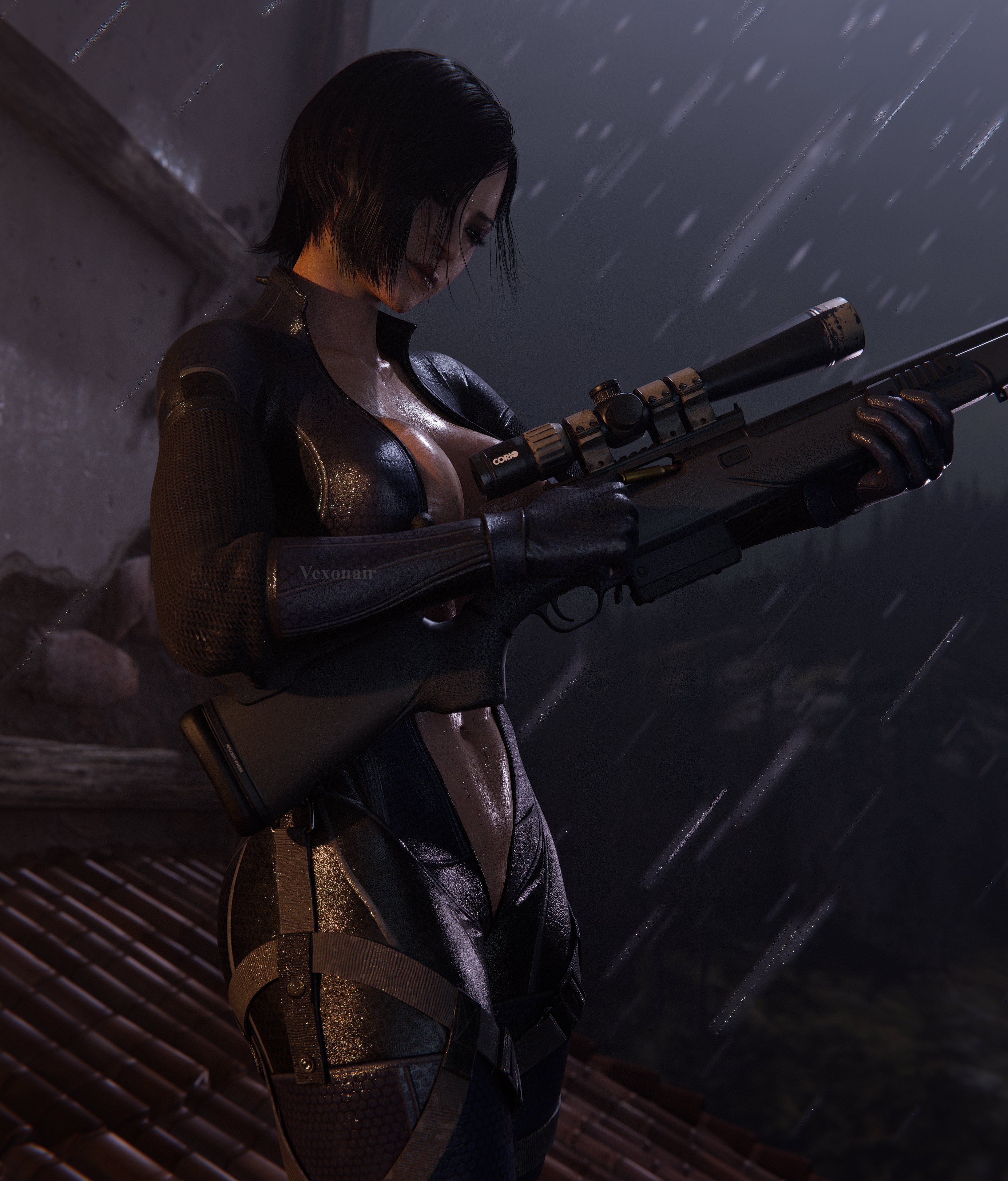 1girls, 3d, absurd res, absurdres, ada wong, ada wong (adriana), battlesuit, big breasts, bodysuit, busty, capcom, cleavage, female, female only, gloves, gun, jill valentine bodysuit, open bodysuit, rain, resident evil, resident evil 4, resident evil 4 remake, rigid3d, skin tight, sniper rifle, solo, tight clothes, tight clothing, vexonair