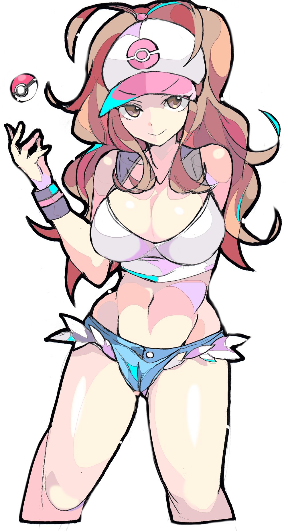 1girls, big breasts, breasts, brown hair, cleavage, crop top, cropped tank top, denim shorts, empe0317, enpe, exposed midriff, female, female only, hat, hilda (pokemon), long hair, looking at viewer, micro shorts, midriff, midriff baring shirt, pokeball, pokeball logo, pokemon, pokemon bw, short shorts, shorts, skimpy, skimpy clothes, skimpy outfit, smile, solo, tank top, thick thighs