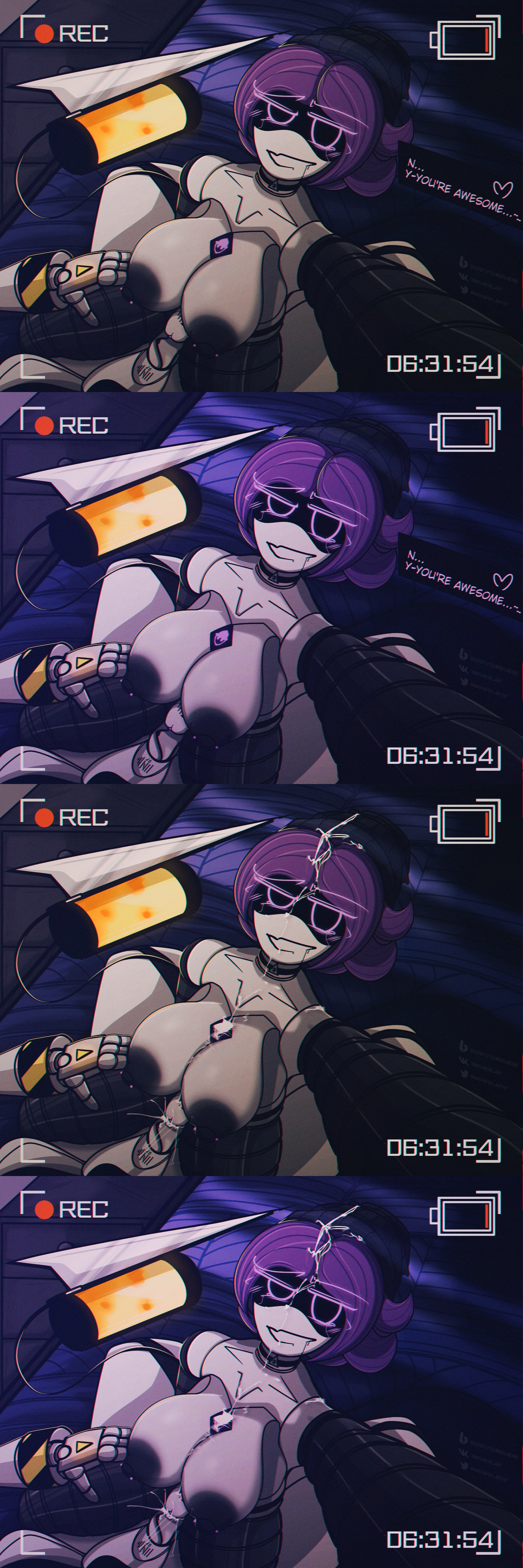 1boy, 1girls, 2d, areola, bed, big areola, big breasts, big nipples, breasts, camera, camera view, cum, cum in pussy, cum on body, cum on breasts, cum on face, dialogue, dialogue box, disassembly drone, drone, female, glitch productions, holding camera, huge breasts, humanoid, humanoid female, humanoid male, looking at partner, madlness, male, male/female, murder drones, n (murder drones), nipples, penetration, penis, penis in pussy, pierced nipples, pleasure, pleasure face, pleasured, purple eyes, purple hair, pussy, robot, robot boy, robot girl, robot humanoid, screen face, sex, tail, text, uzi (murder drones), visor, white body, worker drone