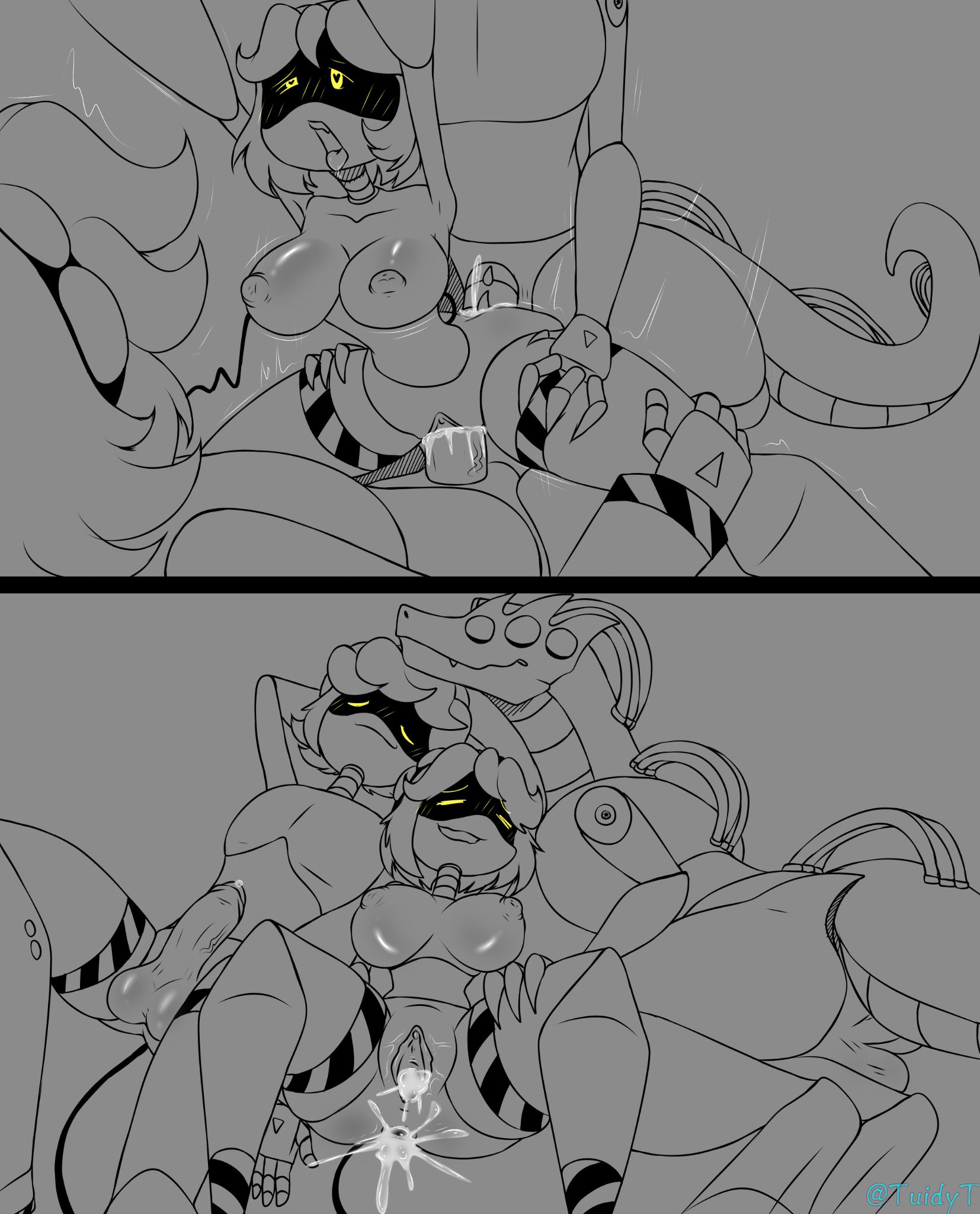 2boys1girl, after sex, ahegao, bestiality, breasts, cum in ass, cum in pussy, double penetration, eyes closed, glitch productions, male/female, murder drones, n (murder drones), red sentinel (murder drones), resting, robot girl, sandwiched, sentinel (murder drones), sharing partner, threesome, tuidytury, v (murder drones)