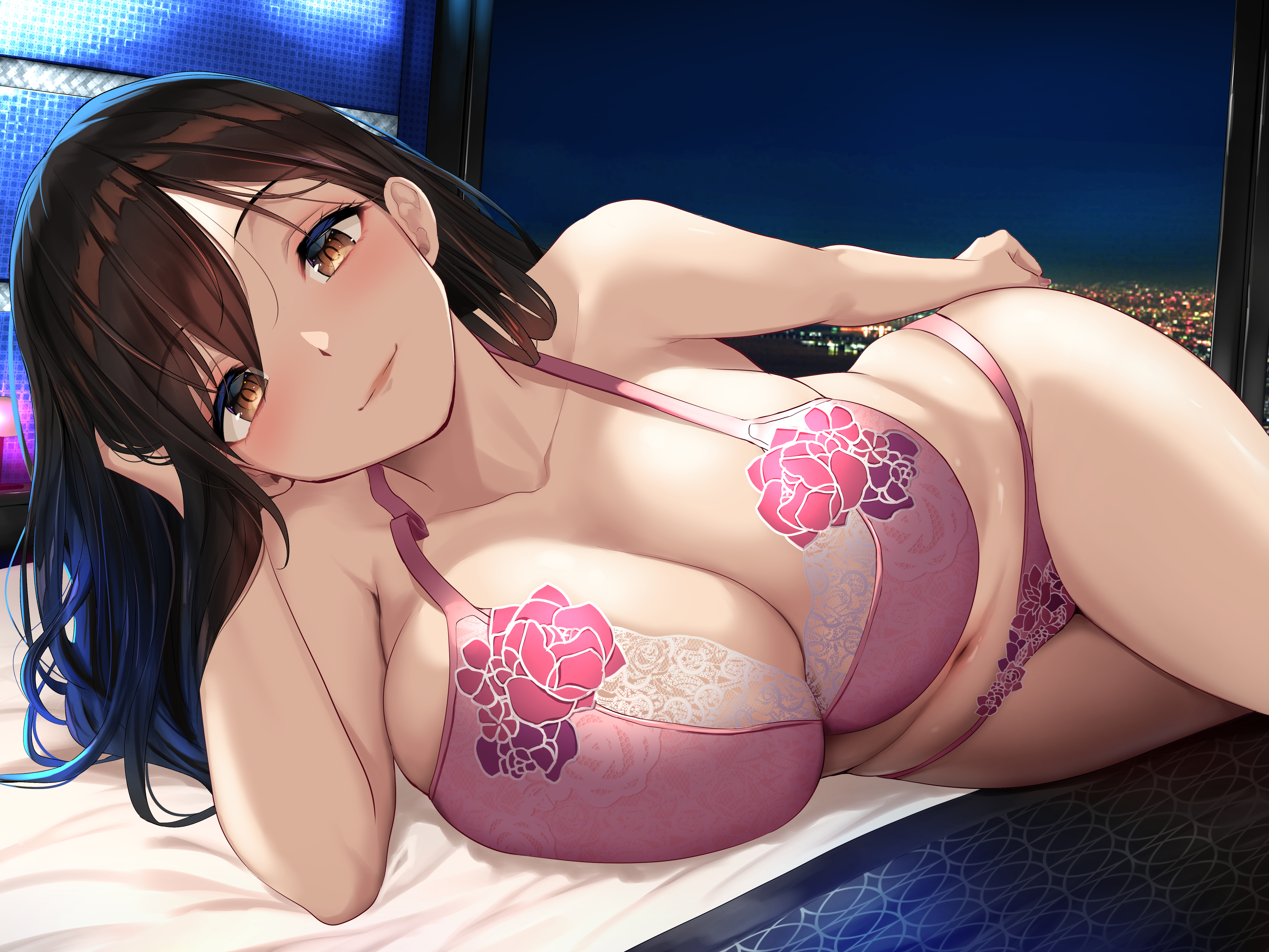 1girls, absurdres, bed, bed sheet, bedroom, bedroom eyes, belly, blush, bra, breasts, cleavage, curvy, female, female only, highres, huge breasts, lingerie, looking at viewer, milf, oekakizuki, original, panties, pink bra, pink panties, plump, smile, solo, window