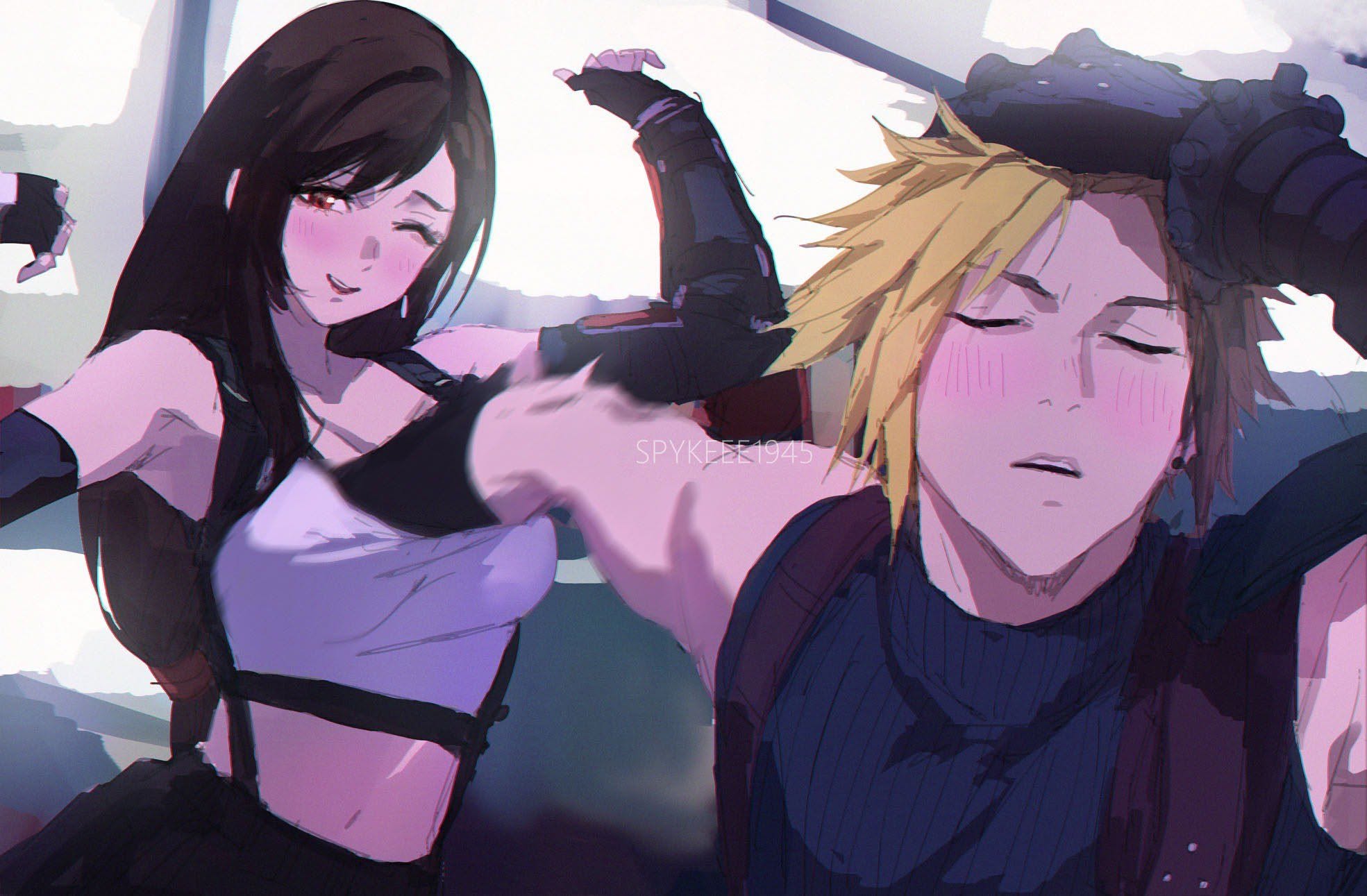 1boy, 1girls, blonde hair, blonde-haired male, blush, breast grab, closed eyes, cloud strife, female, final fantasy, final fantasy vii, final fantasy vii remake, flexing, flexing arms, gloves, groping breasts, hand in bra, hand in shirt, light skin, long hair, male, male/female, meme, movement, movement lines, naoya hair flip, naoya hitting choso without looking (meme), one eye closed, posing, sports bra, spykeee, straight, tifa lockhart