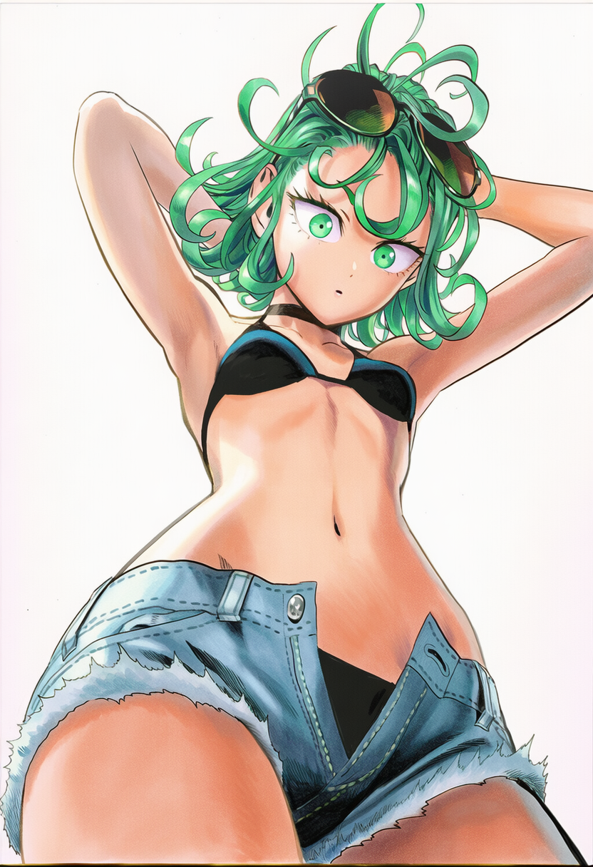1girls, 2d, accurate art style, accurate body type, ai generated, alternate costume, armpits, arms behind head, arms up, bare arms, bare legs, bare shoulders, bare thighs, bikini, bikini bottom, bikini top, bikini top only, bikini under clothes, black bikini, black bikini bottom, black bikini top, black choker, black swimsuit, breasts, breasts apart, cel shading, choker, clothed, clothing, collarbone, cowboy shot, curly hair, cutoffs, denim, denim shorts, eyelashes, eyewear, eyewear on head, facing viewer, female, female focus, female only, flipped hair, flowing hair, forehead, foreshortening, from below, front view, green eyes, green hair, hair between eyes, hands in hair, high resolution, highres, light skin, light-skinned female, line art, looking at viewer, looking down, looking down at viewer, low-angle view, manga style, midriff, murata yuusuke (style), navel, no shirt, official style, one-punch man, open clothes, open fly, open shorts, parted lips, perky breasts, petite, pinup, pose, serious, shiny hair, short hair, short shorts, shorts, simple background, skinny, skinny female, sleeveless, slender body, slender waist, small breasts, solo, solo female, solo focus, standing, stomach, sunglasses, sunglasses on head, surprised, swimsuit, swimsuit under clothes, tatsumaki, thighs, thin eyebrows, toned, toned female, unbuttoned, unbuttoned shorts, unzipped shorts, v-shaped eyebrows, white background, zipper