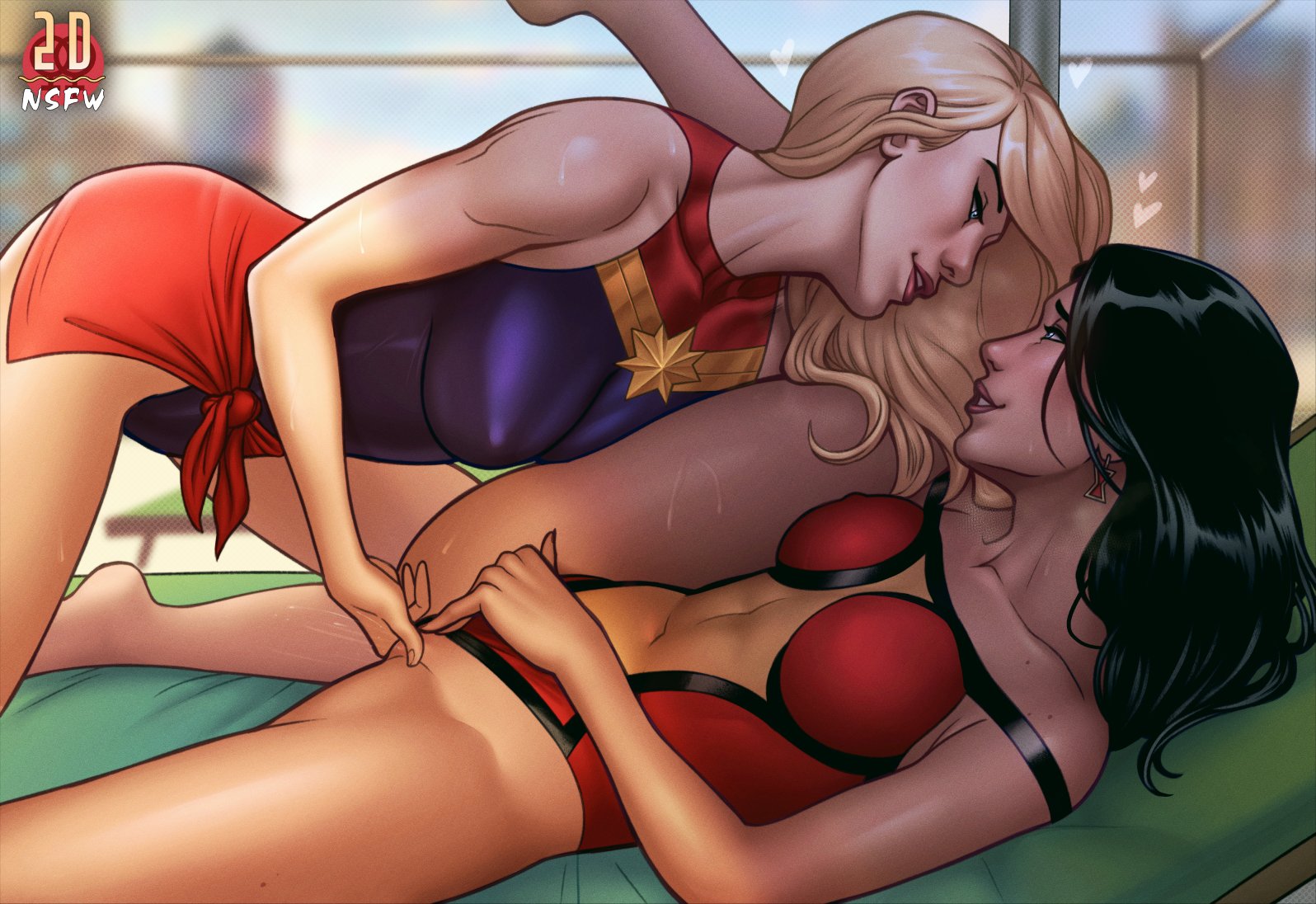 2dnsfw, 2dswirl, 2girls, black hair, blonde hair, captain marvel, carol danvers, female only, female/female, finger in pussy, fingering, fingering partner, heart, jessica drew, looking at another, looking at partner, marvel, marvel comics, rubbing pussy, spider-woman, spider-woman (jessica drew), sweat, yuri