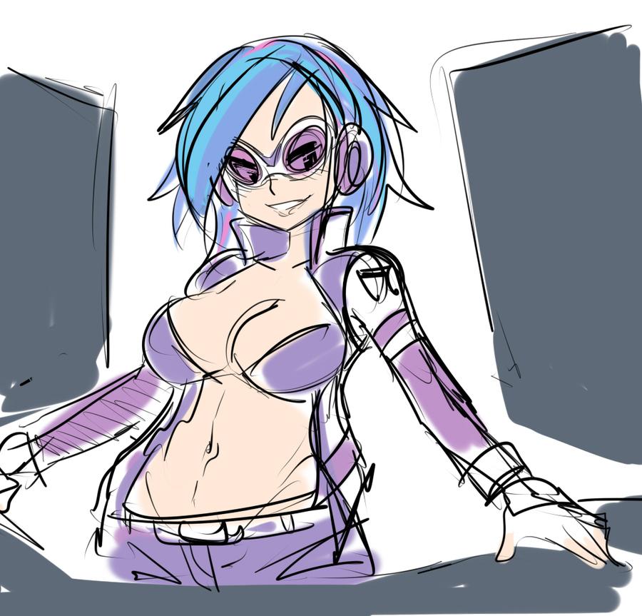 1girls belly belly_button belt big_breasts bikini_top blue_hair bra breasts dj dj_pon-3_(mlp) female female_only flat_belly glasses glasses_on_head goggles headphones human human_only humanoid jacket large_breasts my_little_pony navel open_jacket purple_bra purple_jacket purple_pants rough_sketch sketch smile smiling solo solo_female straight_hair vinyl_scratch vinyl_scratch_(mlp)