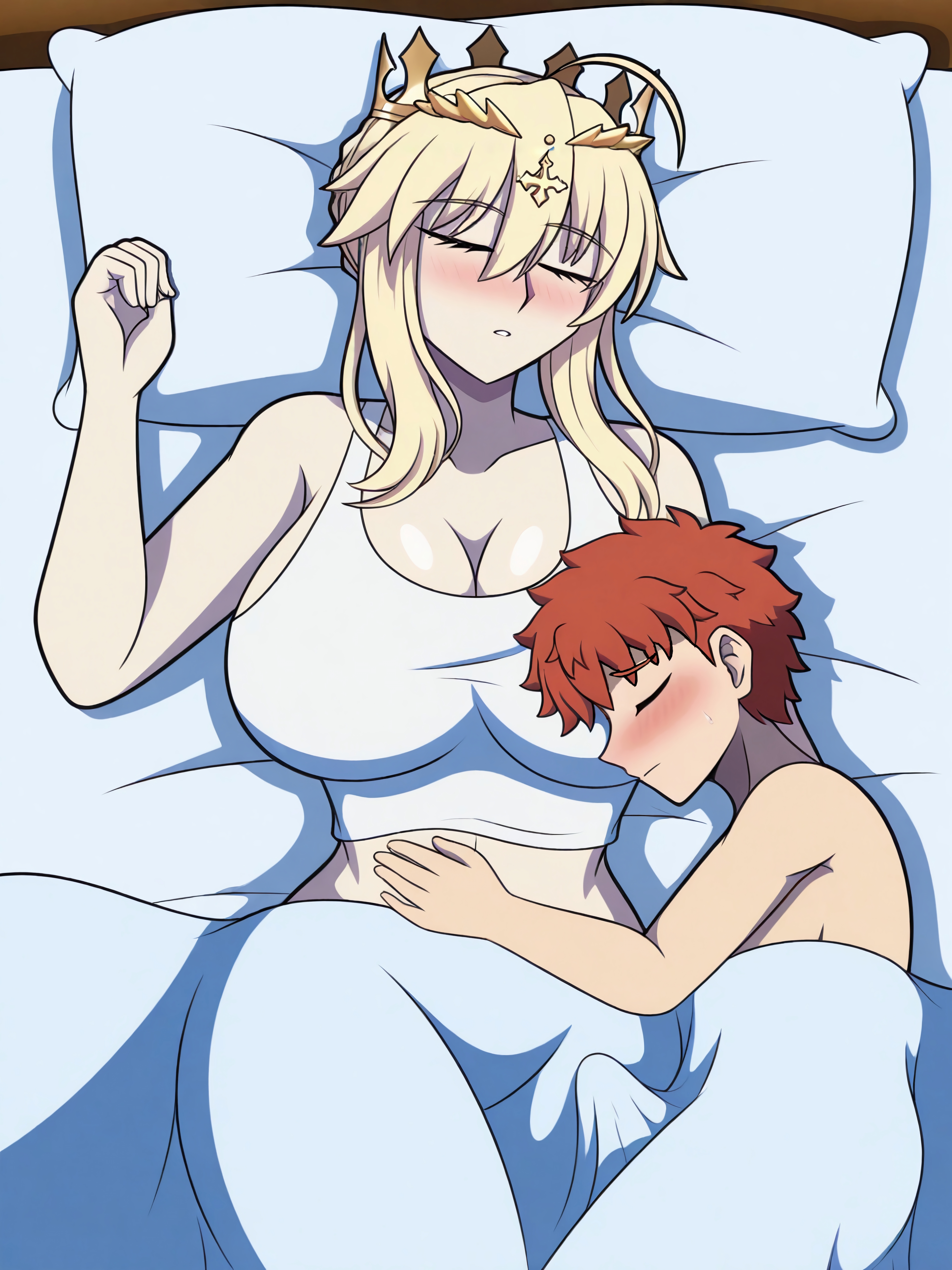 1boy, 1boy1girl, 1boys, 1boys1girls, 1girl, 1girls, 1girls1boy, above view, age difference, artoria pendragon, artoria pendragon (lancer), bed, blanket, blanket covering, blush, blush lines, blushing, braid, braided hair, cel shading, cfnm, closed eyes, clothed, clothed female, clothed female nude male, clothing, crown, emiya shirou, erection under blanket, fate (series), fate/grand order, french braid, glossy breasts, hair between eyes, hairbun, half-dressed, head on breasts, hetero, heterosexual, high quality, high resolution, highres, hugging, hugging another, naked, naked male, older female, older female and younger male, on bed, penis, pillow, shiny breasts, short hair, shorter male, size difference, sleeping, sweaty face, taller female, taller girl, white bed, younger male