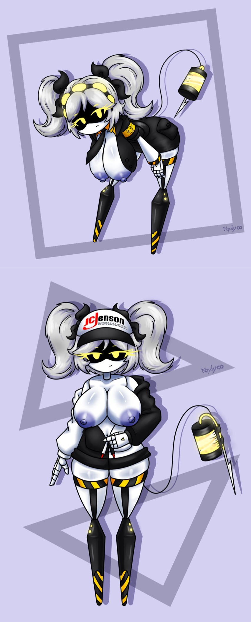 1girls, andydrew297149, boobs, boobs out, breasts, female focus, female only, grey hair, j (murder drones), murder drones, robot, robot girl, solo, solo female, solo focus, tail, yellow eyes