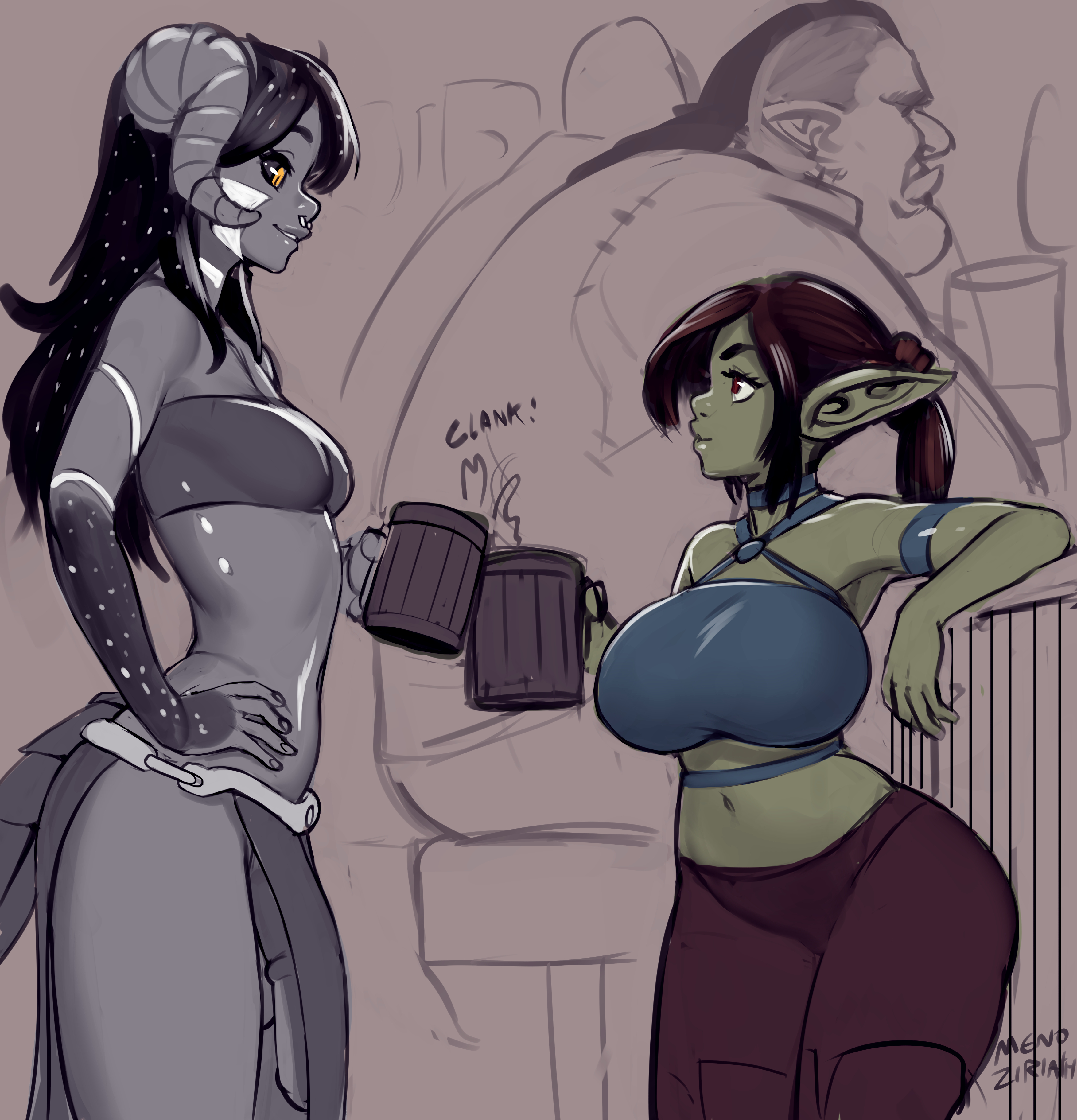 1futa, 1girls, absurdres, animal genitalia, bare midriff, big breasts, breasts, dickgirl, exposed hips, female, futanari, goblin, goblin female, grey-skinned futa, highres, hip cleavage, hip vent, horns, horsecock, intersex, jonar, large breasts, loincloth, menoziriath, pelvic curtain, penis