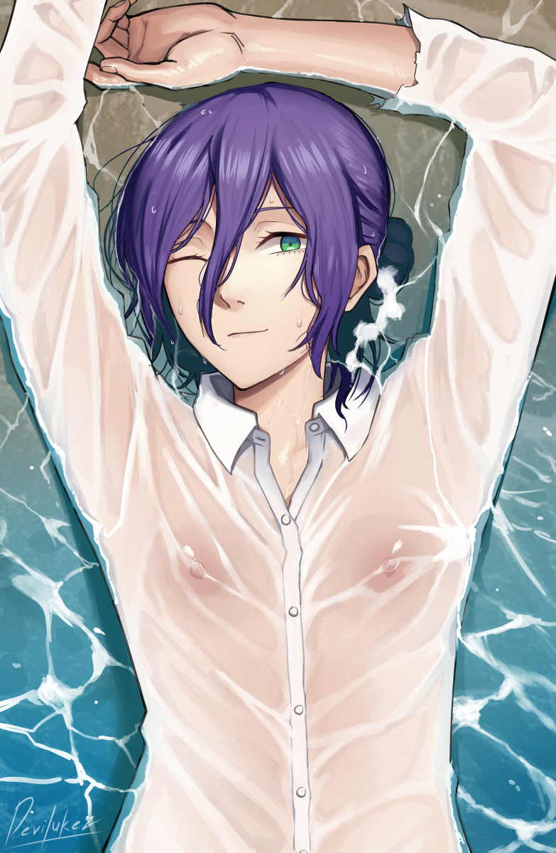 1girls, breasts, breasts visible through clothing, female, female only, green eyes, light skin, light-skinned female, nipples visible through clothing, one eye closed, purple hair, see-through clothing, small breasts, solo, wet clothes, wet clothing, wet shirt