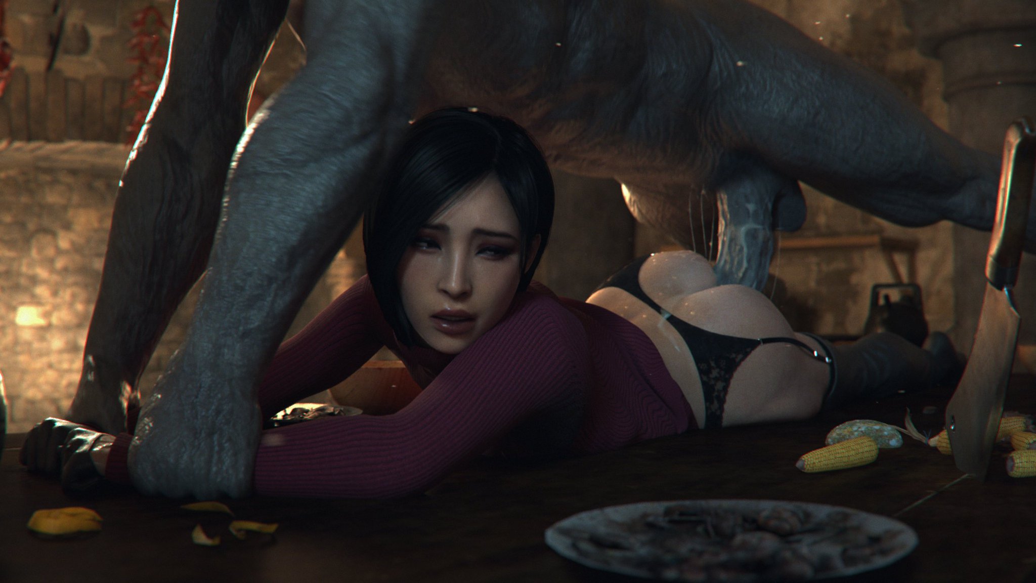 3d, ada wong, ada wong (adriana), black gloves, capcom, cum, cum in ass, female, fucked from behind, gloves, hat, human, human female, interspecies, kitchen knife, leather gloves, leeterr, monster, monster on female, mr x, on table, resident evil, resident evil 4, straight, tyrant