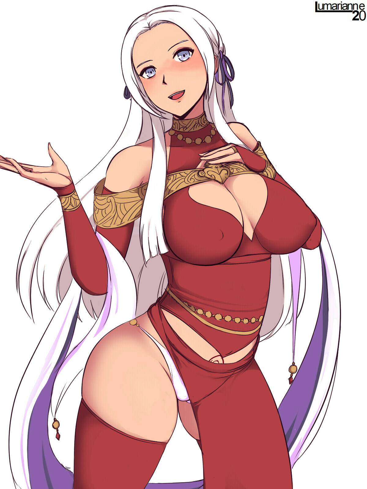 1girls, alternate breast size, alternate costume, alternate version available, big breasts, breasts, color, dancer, dancing class outfit, edelgard von hresvelg, female, female only, fire emblem, fire emblem: three houses, harem outfit, long hair, lumarianne20, nintendo, nipples, nipples visible through clothing, panties, purple eyes, smile, solo, solo focus, thighhighs, white hair