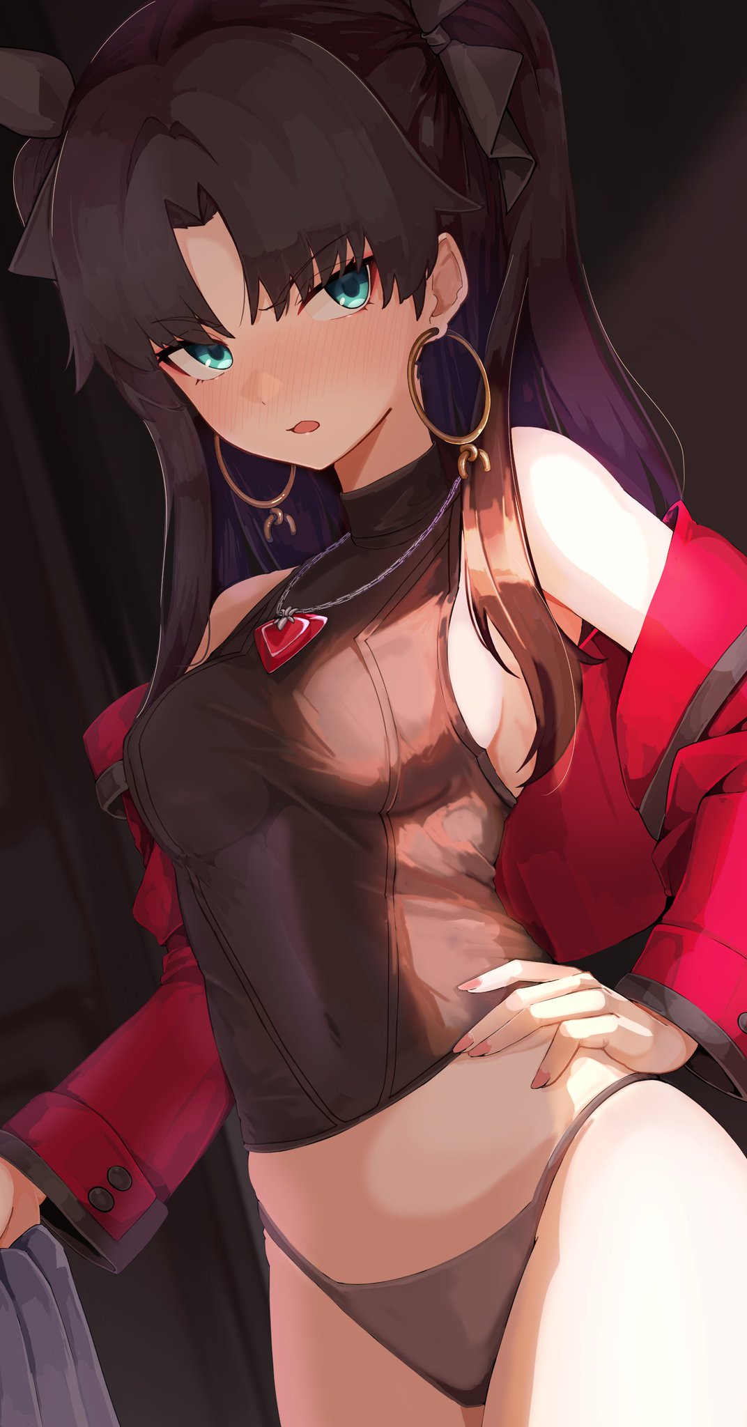 1girl, 1girls, absurdres, ass, bare shoulders, belly, belly button, black hair, black panties, blue eyes, blush, bottomless, breasts, collar, crop top, earrings, fate (series), female, female focus, female only, hair ornament, highres, hips, hips wider than shoulders, honkai (series), honkai: star rail, jacket, jewlery, long hair, looking at viewer, medium breasts, mouth open, navel, necklace, off shoulder, panties, ribbon, sideboob, sleeves, solo, thick thighs, thighs, tohsaka rin, tohsaka rin (honkai: star rail), twintails