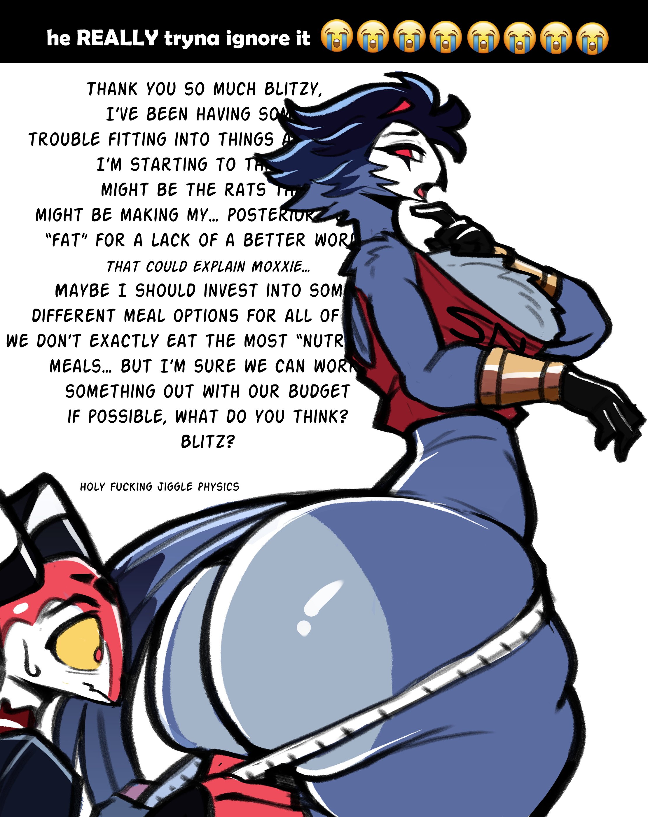 2boys, anthro, ass, ass focus, big ass, blitzo (helluva boss), bottom heavy, bottomless, bottomless male, bubble butt, demon, dialogue, fat ass, femboy, furry, gluteal fold, he tryna ignore it (meme), helluva boss, huge ass, imp, large ass, looking at ass, male, male only, massive ass, measuring tape, meme, nathanatwar, red skin, stolas (helluva boss), tail feathers, talking to partner, text, thick ass, thick thighs, whateverdoes, wide hips