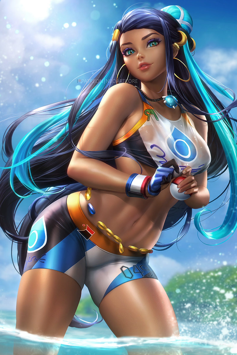 1girls, blue eyes, blue hair, dark skin, dark-skinned female, earrings, female, female only, fully clothed, hoop earrings, human, human only, long hair, neoartcore, nessa (pokemon), nintendo, pokemon, pokemon ss, pose, posing, solo, very long hair