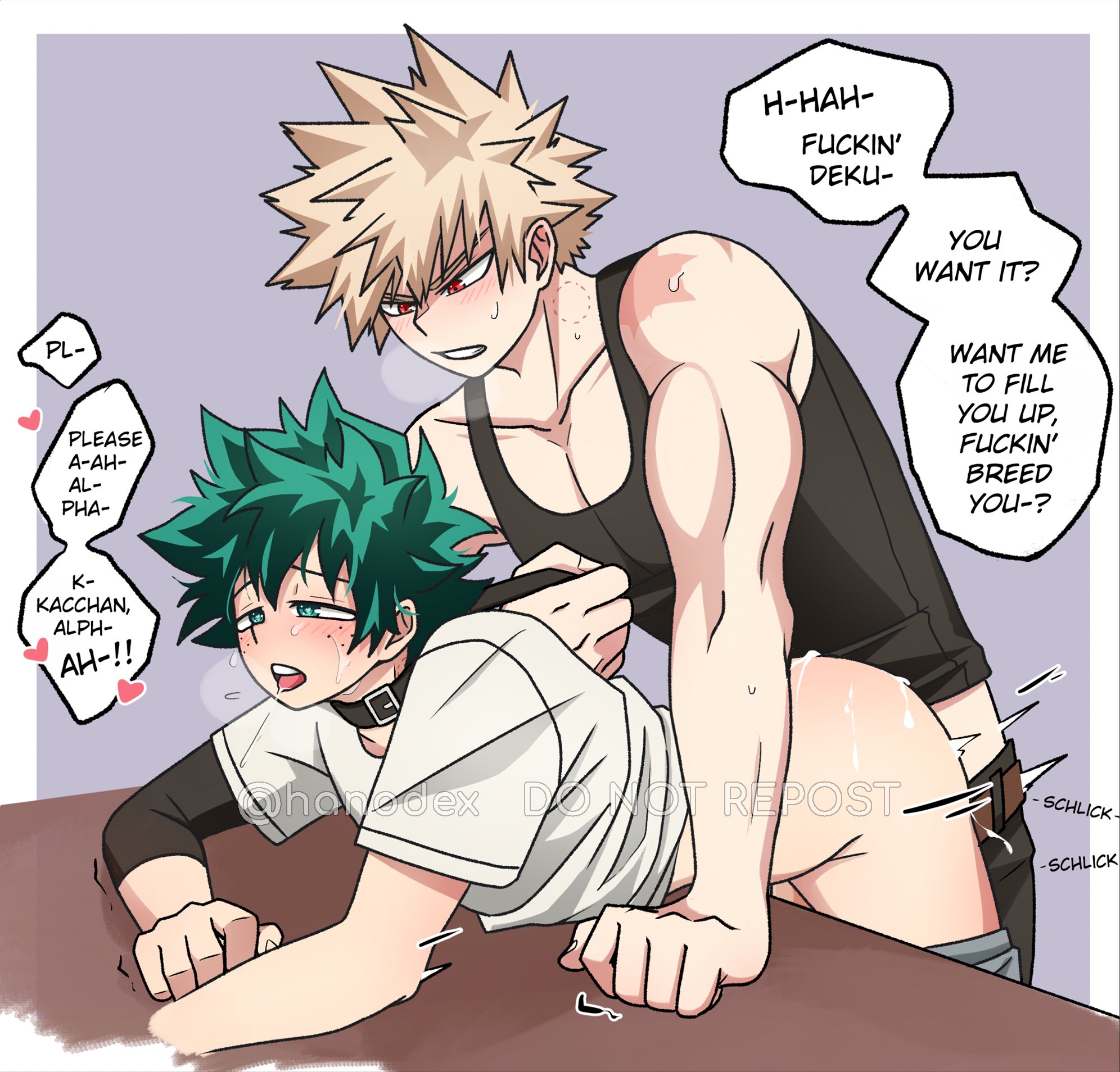 2022, ahe gao, ahegao, ahegao face, anal penetration, anal sex, bakugou katsuki, bite, bite mark, bite mark on neck, bite marks, blonde, blonde hair, blonde male, blonde-haired male, boku no hero academia, breeding, breeding kink, breeding request, collar, crying, crying with eyes open, dacryphilia, deku, dialog, dialogue, doggy, doggy style, doggystyle, english, english text, freckles, freckles on face, gay, gay anal, gay male, gay sex, grabbing, grabbing from behind, green eyes, green hair, hanodex, izuku midoriya, katsuki bakugou, looking at partner, looking down, looking pleasured, midoriya izuku, muscular, muscular chest, muscular male, my hero academia, omegaverse, on counter, on table, over table, pants, pants down, penis in ass, red eyes, scar, scars, scars on shoulders, shirt, shirt only, spiky hair, steamy, steamy breath, sweat, sweatdrop, tank top, tank top only, tongue, tongue out, tugging, tugging clothing, yaoi