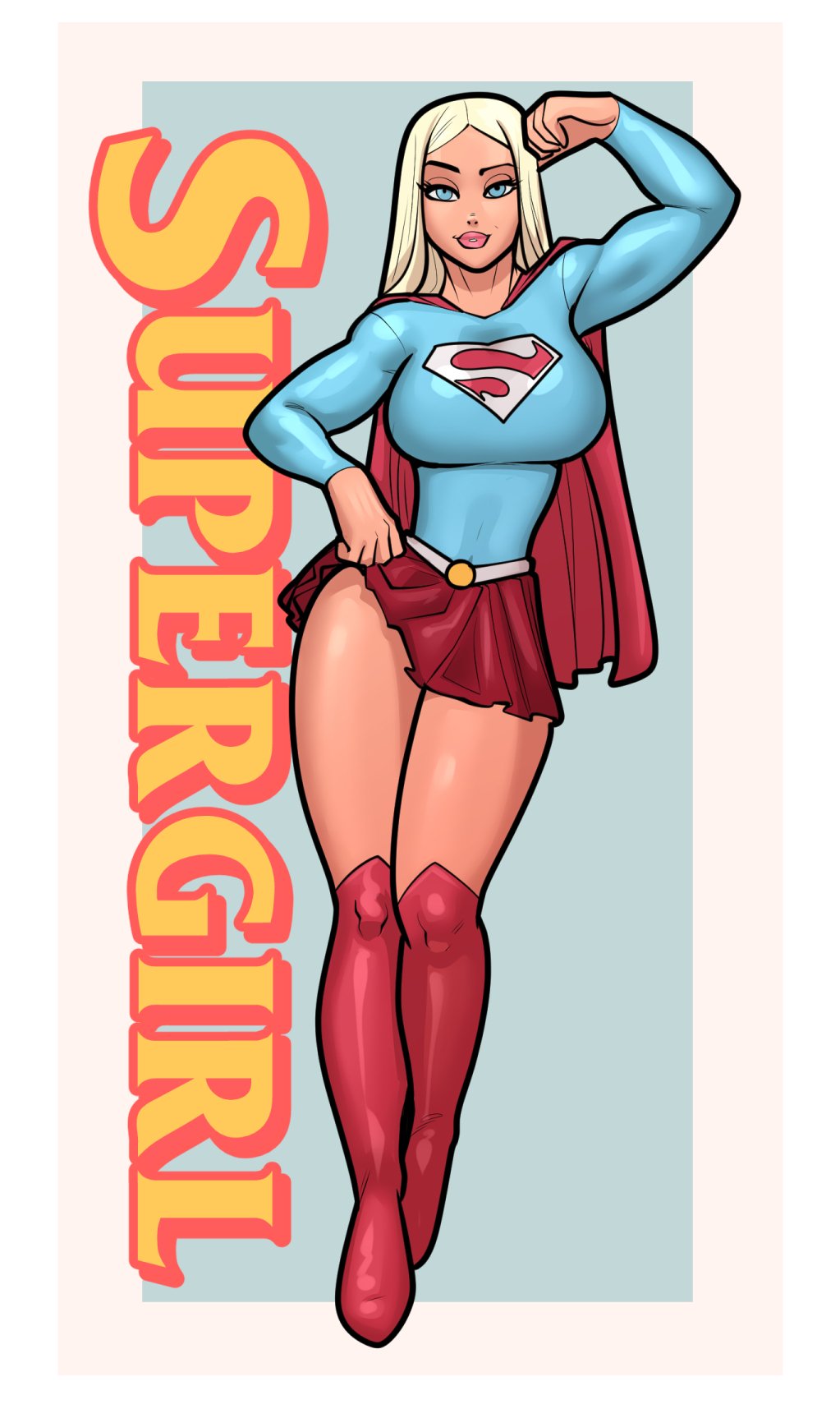1girls, big breasts, blonde hair, blue eyes, boots, clothed, clothing, dc comics, female, lifting skirt, light-skinned female, looking at viewer, mikewolf420, pinup, poster, rabies-t-lagomorph, skirt, skirt lift, solo, supergirl