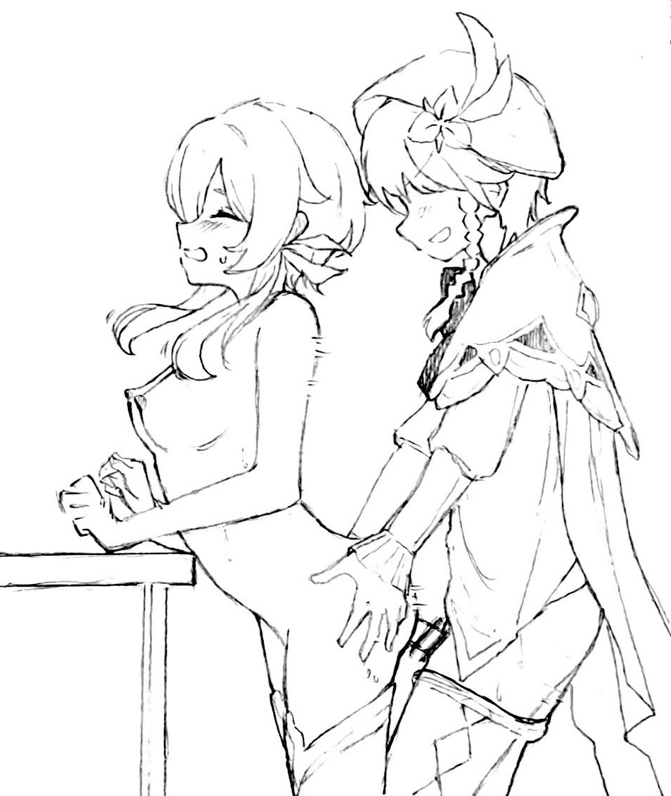 1boy, 1girls, arched back, ass grab, closed eyes, erect nipples, female, female penetrated, flower in hair, from behind position, genshin impact, grin, hand on ass, hands on ass, lumine (genshin impact), male penetrating, male penetrating female, male/female, monochrome, nude female, pants down, penetration, sex, side view, sideboob, standing sex, straight, topless, topless female, venti (genshin impact)