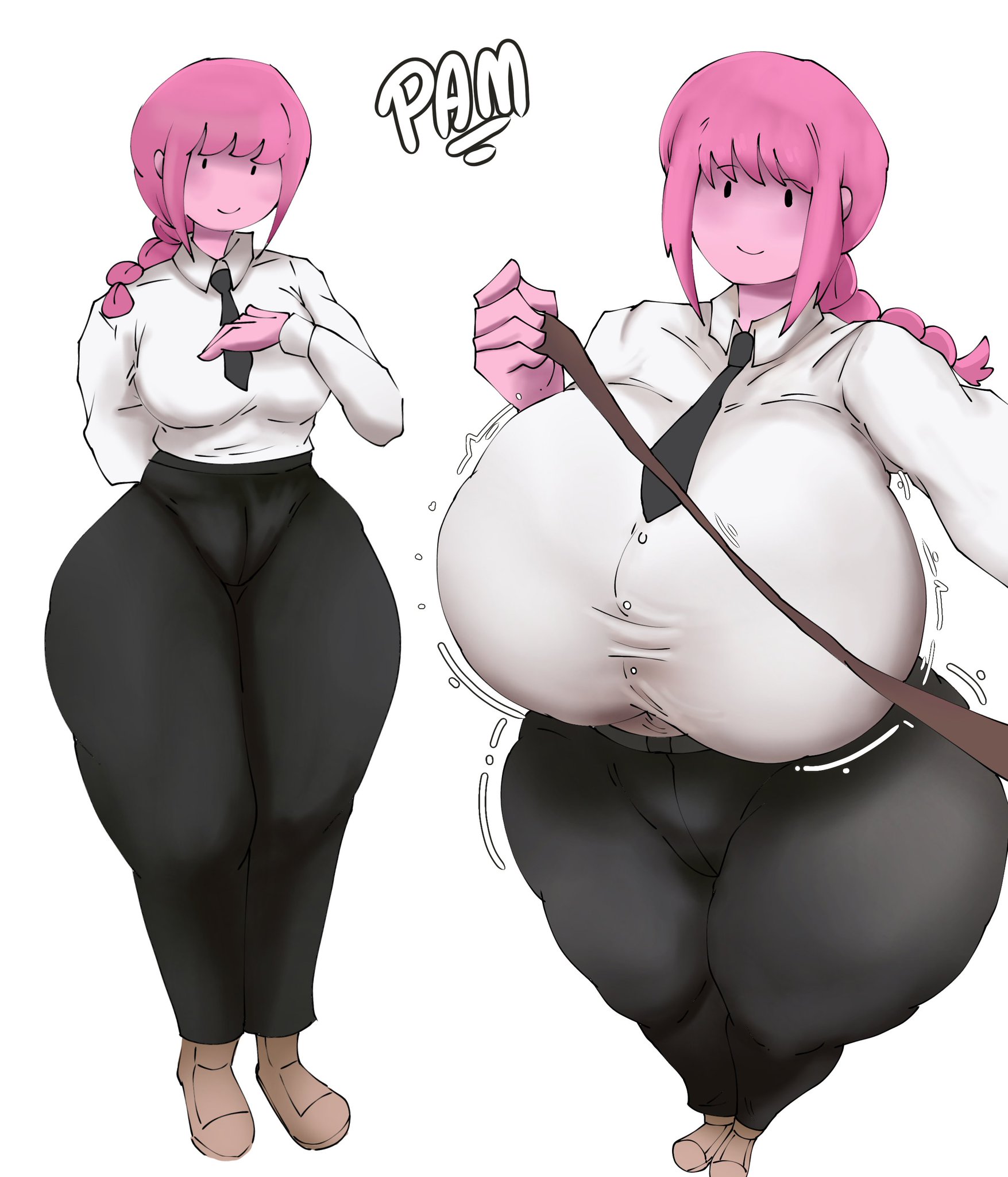 adventure time, big ass, big breasts, breasts bigger than head, breasts size difference, chainsaw man, cosplay, crossover, fat ass, hourglass figure, hourglass figured female, huge ass, huge breasts, large breasts, long hair, makima (chainsaw man) (cosplay), massive breasts, miri adam, non human, pink body, pink hair, princess bubblegum, pussy, suit, suit jacket, thicc, thick, thick thighs, thighhighs, thighs, tied hair, tremble lines, trembling, trembling spikes, white background