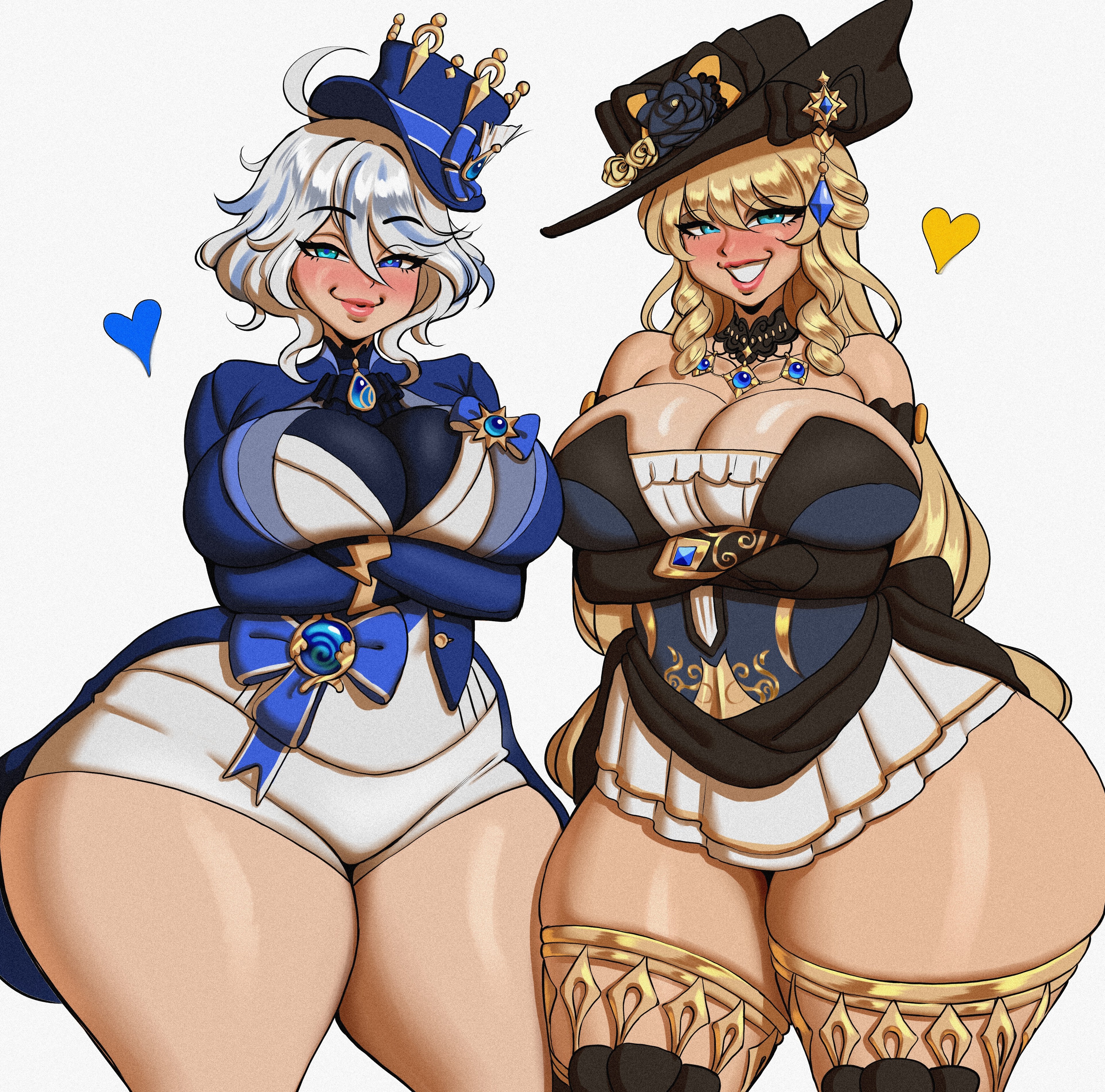 2girls, breasts, female, female only, furina (genshin impact), genshin impact, huge breasts, human, jiuukek, navia (genshin impact), thick thighs, voluptuous