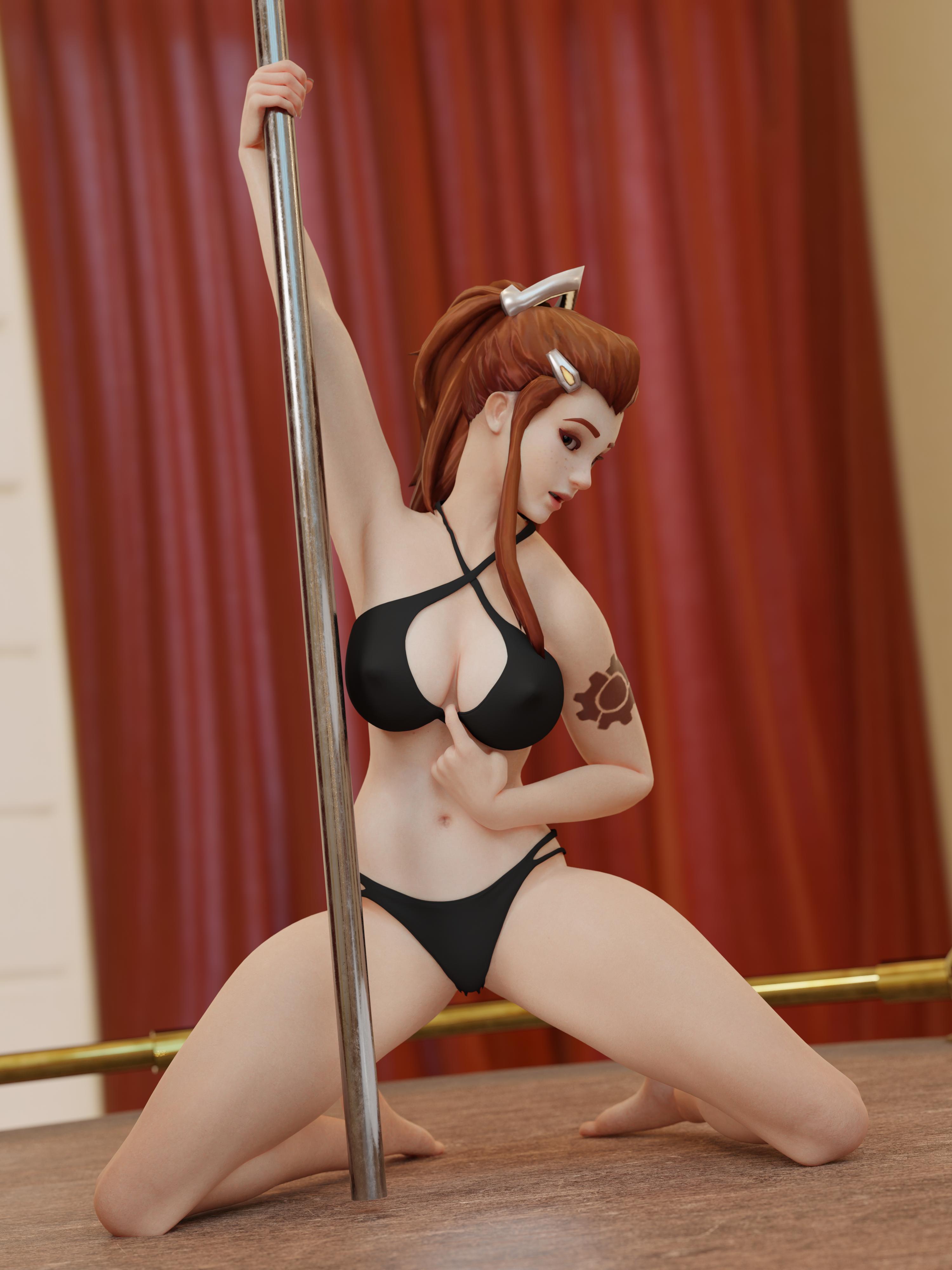1girls, 3d, bikini, black bikini, blizzard entertainment, breasts, brigitte, brigitte lindholm, cleavage, female, female only, overwatch, pole, ponytail, red hair, sci-fi, science fiction, scifi, solo, solo female, stripper, stripper pole, tattoo, vganimated