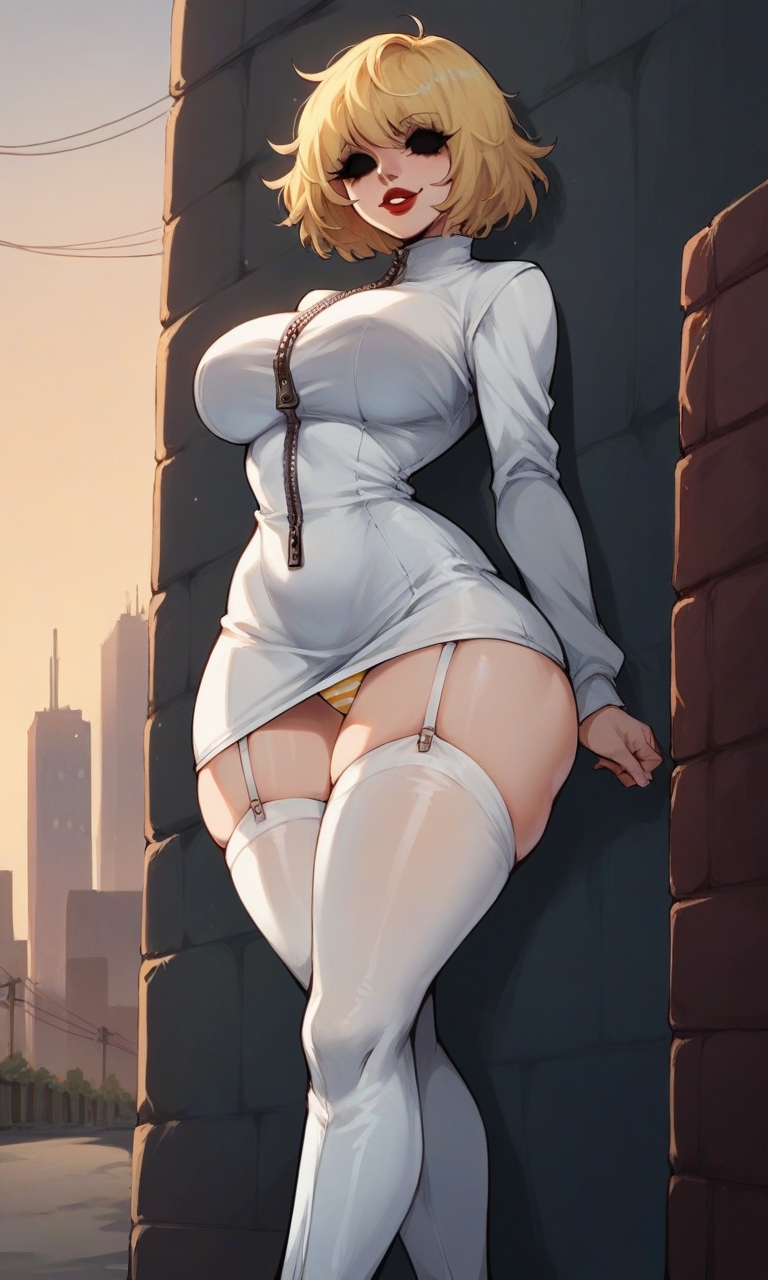 ai_generated alley big_breasts black_eyes blonde_hair clothed clothed_female creepypasta judge_angels pale-skinned_female seductive_look short_hair stockings visible_panties