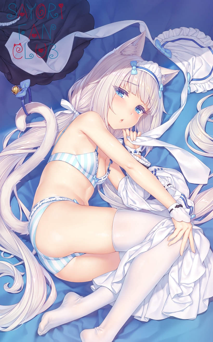 1girls animal_ears bed blonde_hair blunt_bangs blush bra cat_ears female female_only hair_ornament hair_ribbon indoors kemonomimi lingerie lingerie_only long_hair looking_at_viewer low_twintails lying maid maid_headdress nekomimi nekopara panties sayori small_breasts solo tail thighhighs twintails undressing vanilla_(sayori)