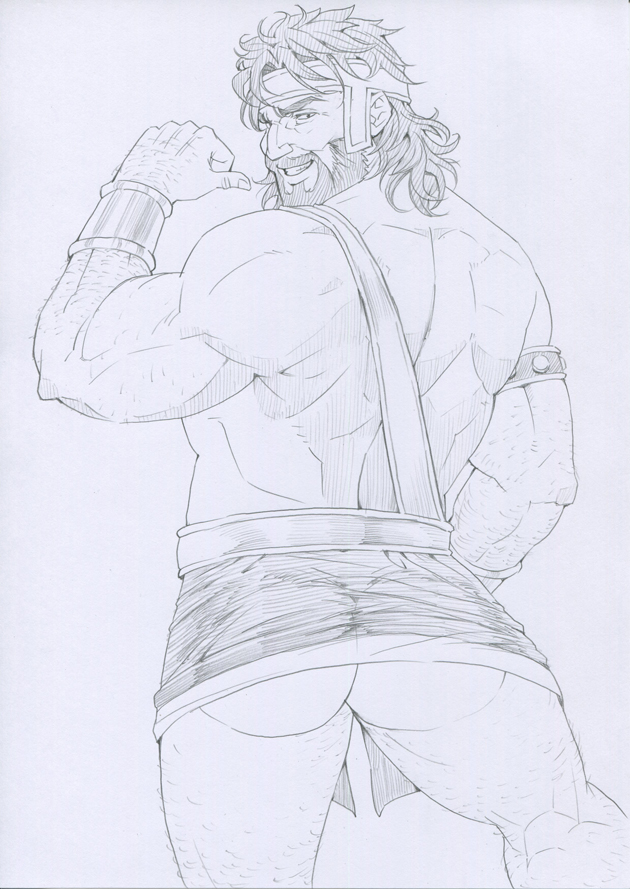 1boy ass ass_focus ass_peek bad_pixiv_id bara beard caught_staring hairy_legs hercules_(marvel) male_focus male_only marvel marvel_comics no_underwear pointing_at_ass showing_off sketch