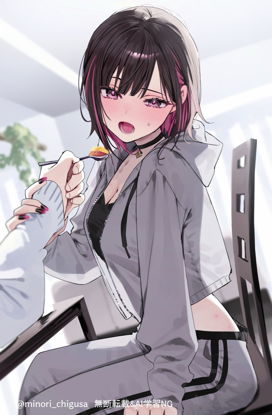 2girls, blush, brown hair, chigusa minori, choker, cleavage, female, female focus, female only, female pov, food, indoors, multiple females, multiple girls, nail polish, not ai generated, open mouth, pink eyes, pink hair, pov, shino to ren, shirayuki ren, sitting, solo focus, spoon, sportswear, sweat, two-tone hair, wrist grab