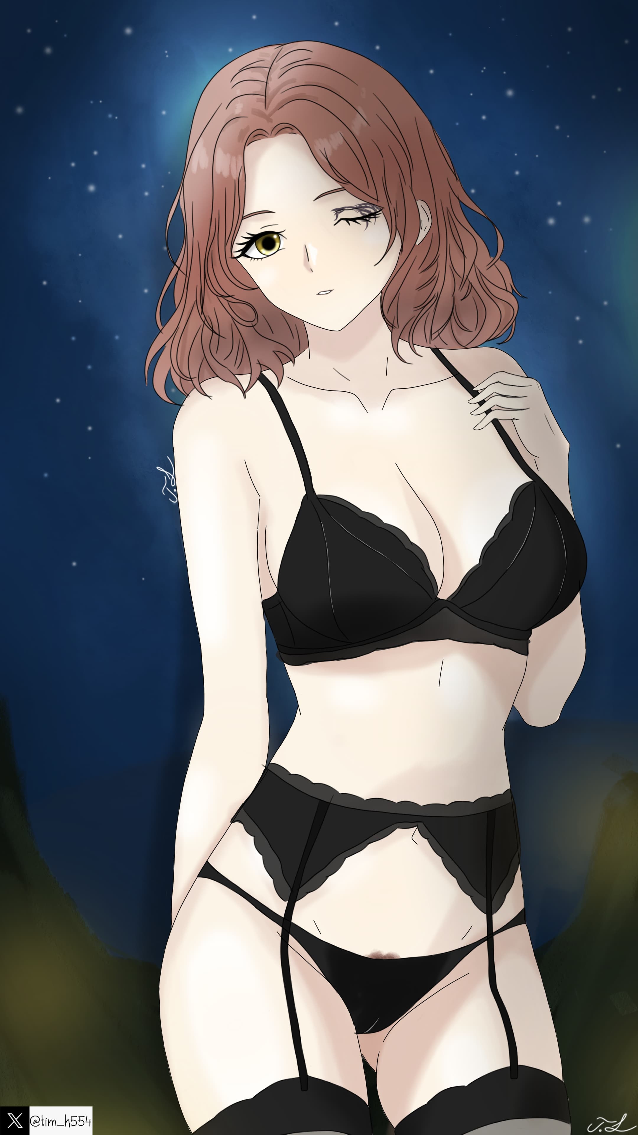 background, bandai namco, bra, elden ring, eye tattoo, female, finger maid, fromsoftware, garter belt, locks, maid, melina (elden ring), night, night sky, one eye closed, pubic hair, red hair, signature, stars, tagme, tim heyderich, twitter username, yellow eyes