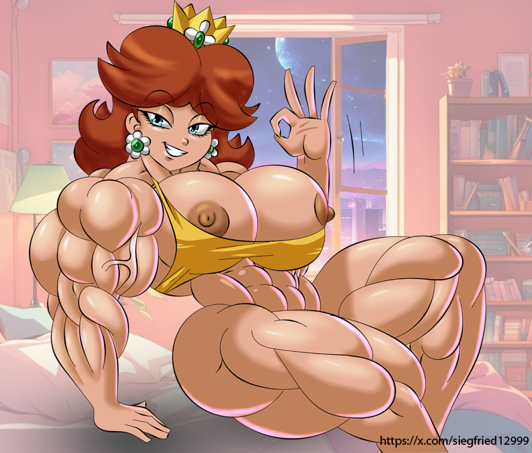 1girls abs bed bedroom biceps big_breasts big_muscles blue_eyes bottomless bottomless_female bra breasts brown_hair clothing crown ear_piercing female female_only flower_earrings grin huge_muscles human indoors large_muscles light-skinned_female light_skin looking_at_viewer mario_(series) mostly_nude muscular muscular_female nintendo nipples princess princess_daisy royalty siegfried129 smiling smiling_at_viewer solo solo_female solo_focus yellow_bra