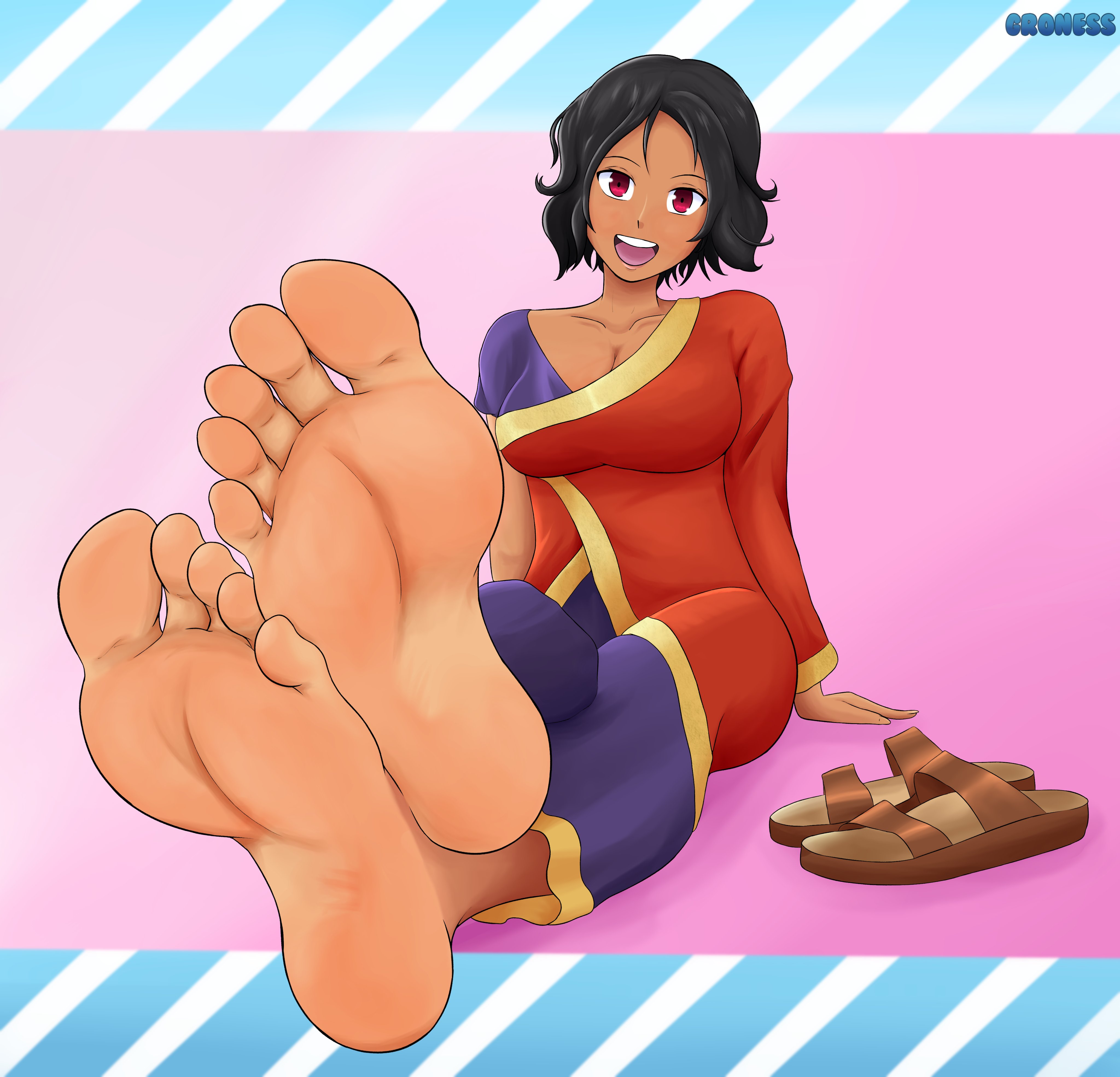 1girls, absurdres, barefeet, barefoot, beli lapran, feet, female, foot fetish, foot focus, groenness, hunie (series), huniepop, legs crossed, open mouth, red eyes, sandals, short hair, sitting, smiling, soles, solo female, tan skin, tan-skinned female, toes