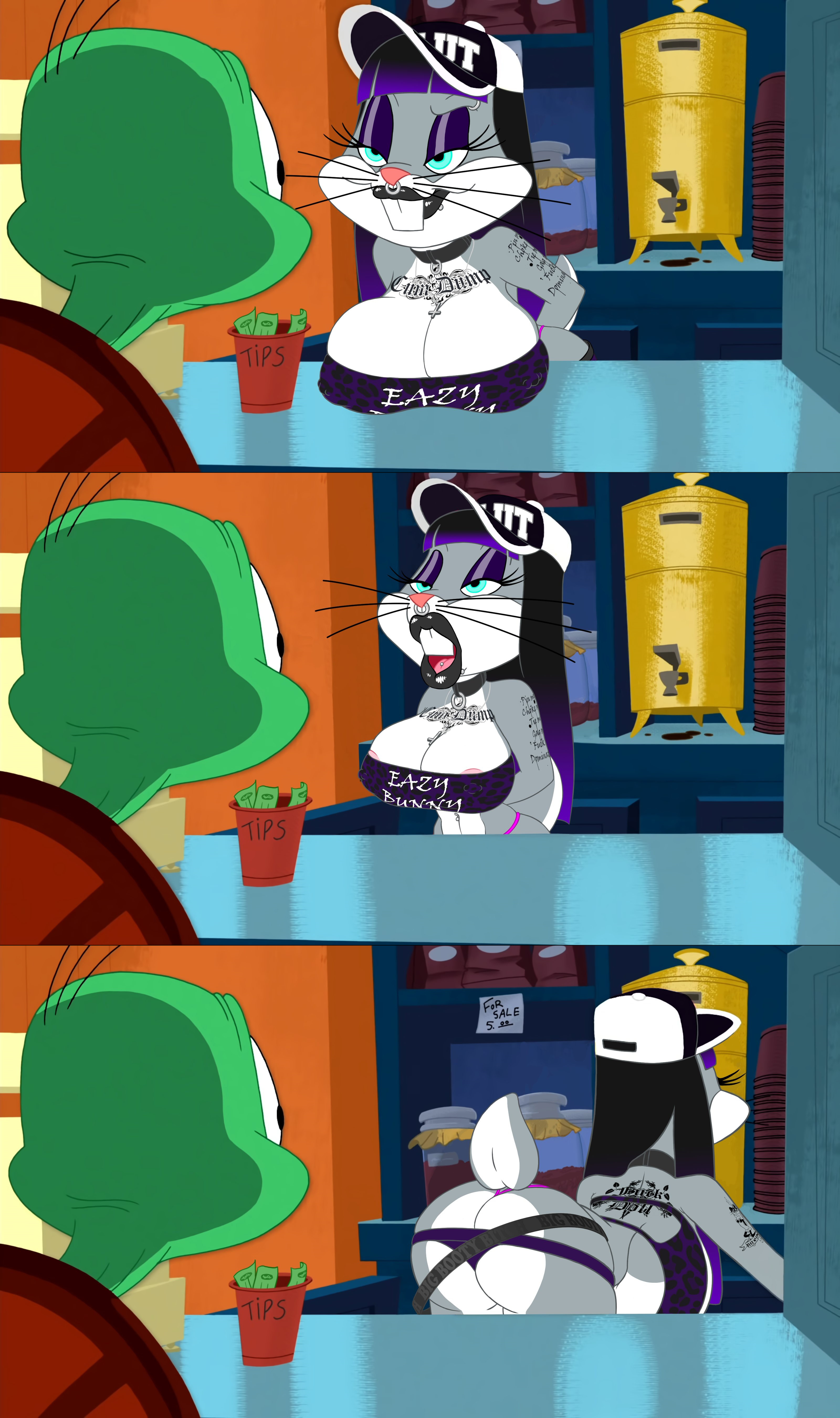 anthro, areolae, ass, ass cleavage, ass crack, bangs, big breasts, bimbo goth bugs, blue eyes, breasts, bubble ass, bubble butt, buckteeth, bugs bunny, bunny ear, bunny ears, bunny tail, busty, butt crack, erect nipples, eyelashes, female, female focus, fembugs bunny, fur, furry, g-string, goth, grey fur, hat, hourglass figure, large breasts, long hair, looney tunes, money, monkeyman (artist), nipple bulge, nipples, piercing, pose, posing, rabbit, rabbit ears, rabbit humanoid, rabbit tail, rule 63, slut cap, tagme, thong, tip jar, waitress, warner brothers, wide hips