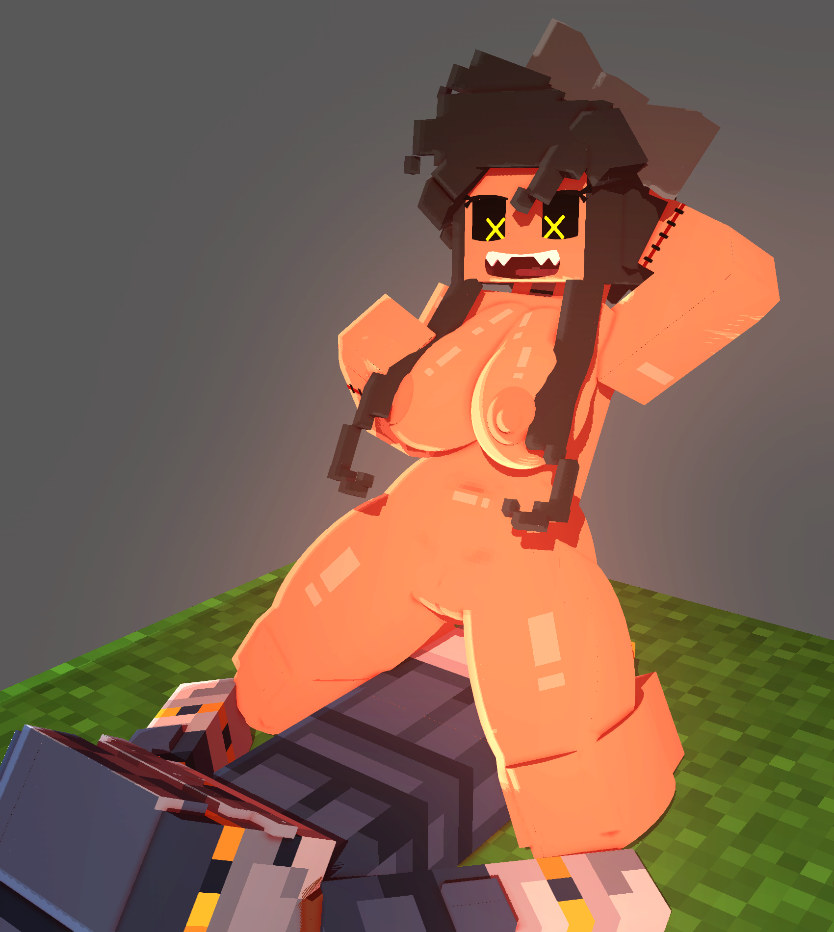 1boy, 1girls, 3d, big breasts, breasts, coresvoid, curvy, curvy body, curvy female, curvy figure, cyn (murder drones), cyntessa (murder drones), digital media (artwork), female, female dominating male, female domination, female focus, glitch productions, hair, hard nipples, hi res, hidden eyes, horny, horny female, machine, male, mine-imator, minecraft, murder drones, n (murder drones), open mouth, pointy teeth, robot, robot humanoid, shadow, smile, smooth skin, teeth, teeth showing, thick thighs, thighs, wide hips, yellow eyes
