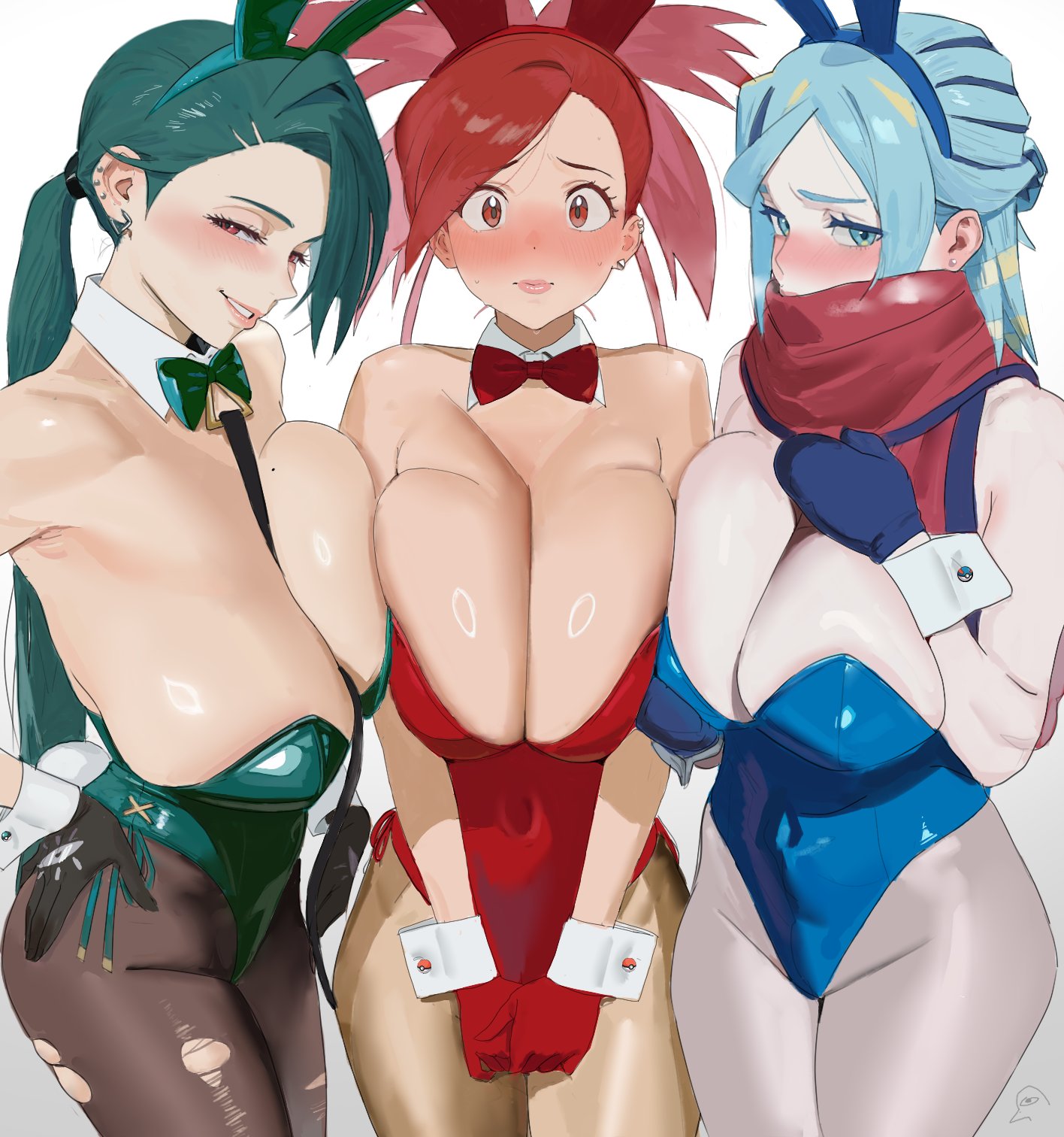 3girls, alternate breast size, ass, big ass, big breasts, big thighs, blue bunnysuit, blue hair, blush, breasts, bunny ears, bunnysuit, cleavage, female, female focus, female only, flannery (pokemon), green bunnysuit, green hair, grusha (pokemon), hintobento, huge ass, huge breasts, huge thighs, light skin, light-skinned female, looking at viewer, nintendo, pokemon, pokemon oras, pokemon rse, pokemon sv, ponytail, red bunnysuit, red hair, rika (pokemon), rule 63, tagme, thick thighs, thighs