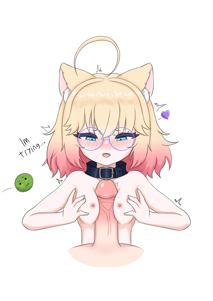 1boy1girl ahoge boobjob cat cat_ears catgirl collar hetero indie_virtual_youtuber minikomew naizuri small_breasts szpecter tiny_breasts vedal987 virtual_youtuber