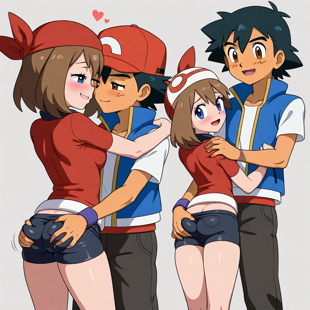 1boy 1girls ai_generated couple haruka_(pokemon) may_(pokemon) pokemon satoshi_(pokemon) satoshi_(pokemon)