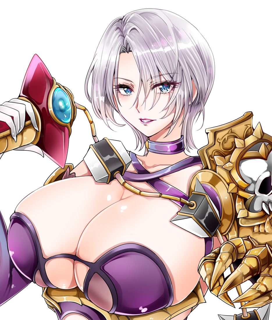 1041_(toshikazu) 1girls bikini_armor blue_eyes cleavage female female_only huge_breasts isabella_valentine lipstick looking_at_viewer open_mouth short_hair skimpy_clothes smiling solo soul_calibur weapon white_hair