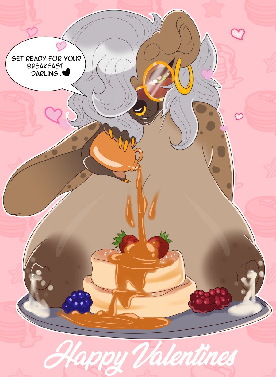 1girls anthro areolae big_breasts blush breasts english_text eyewear ezukapizumu female female_only food furry glasses holidays huge_breasts lactating lactation large_breasts looking_at_viewer maple_syrup milk nipples nude pancake pink_background seductive silver_(ezukapizumu) smile solo spoken_heart text valentine's_day