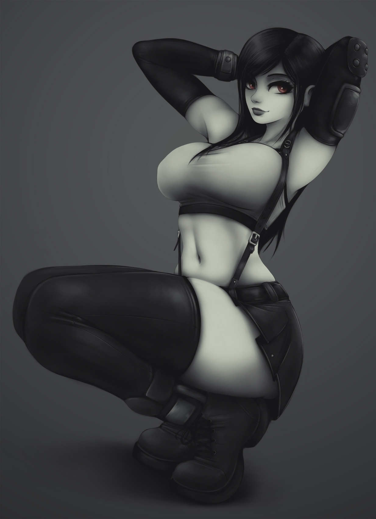 1girls, big breasts, breasts, cleavage, female, female only, final fantasy, final fantasy vii, impracticalart, large breasts, monochrome, solo, squatting, thighhighs, tifa lockhart