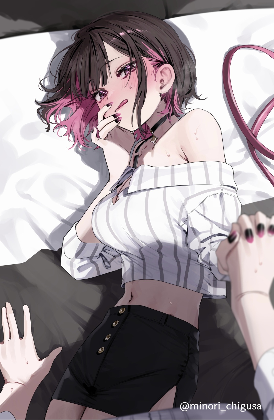 2girls, bed, blush, brown hair, chigusa minori, cleavage, female, female focus, female only, female pov, holding hands, indoors, licking lips, looking at viewer, lying, lying on side, multiple females, multiple girls, nail polish, pink hair, pov, shino to ren, shirayuki ren, solo focus, sweat, tongue, two-tone hair, yuri