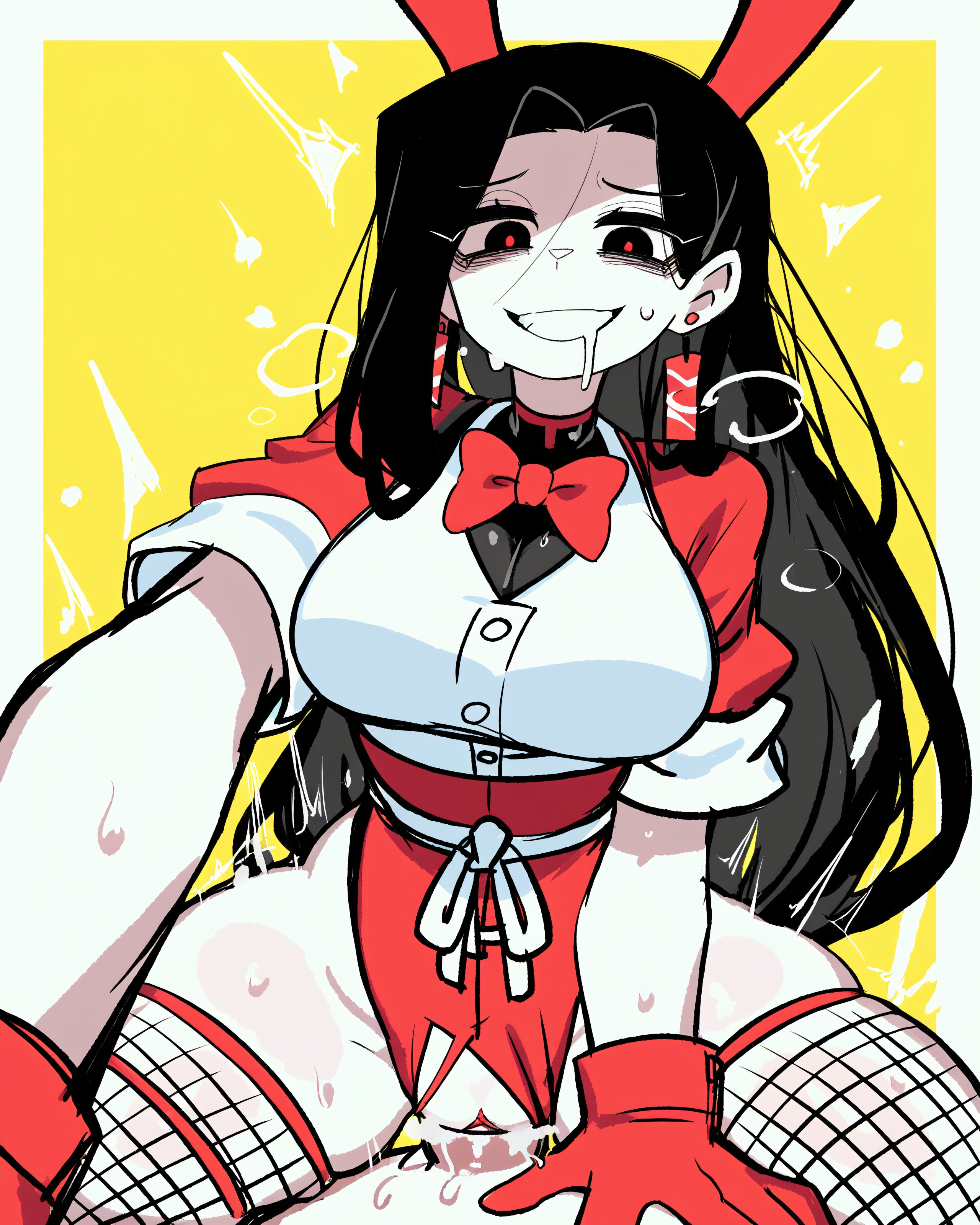 1boy, 1girls, absurd res, ai generated, black eyes, black hair, bowtie, breasts, bunny ears, bunnygirl outfit, butcher vanity, cowgirl position, drool, drooling, duo, earrings, falsegate, femdom, fishnet stockings, fishnets, gloves, highres, large breasts, leotard, long hair, male pov, mv character, penis, penis in pussy, playboy bunny, pov, pupils, rabbit ears, rabbit ears headband, red bowtie, red gloves, red leotard, red pupils, ripped clothing, self upload, shaded face, short sleeves, smile, stable diffusion, straddling, straight, synthesizer v, thick thighs, thighs, torn clothes, vaginal sex, vest, white vest, wide hips, yandere, yi xi (synthesizer v)