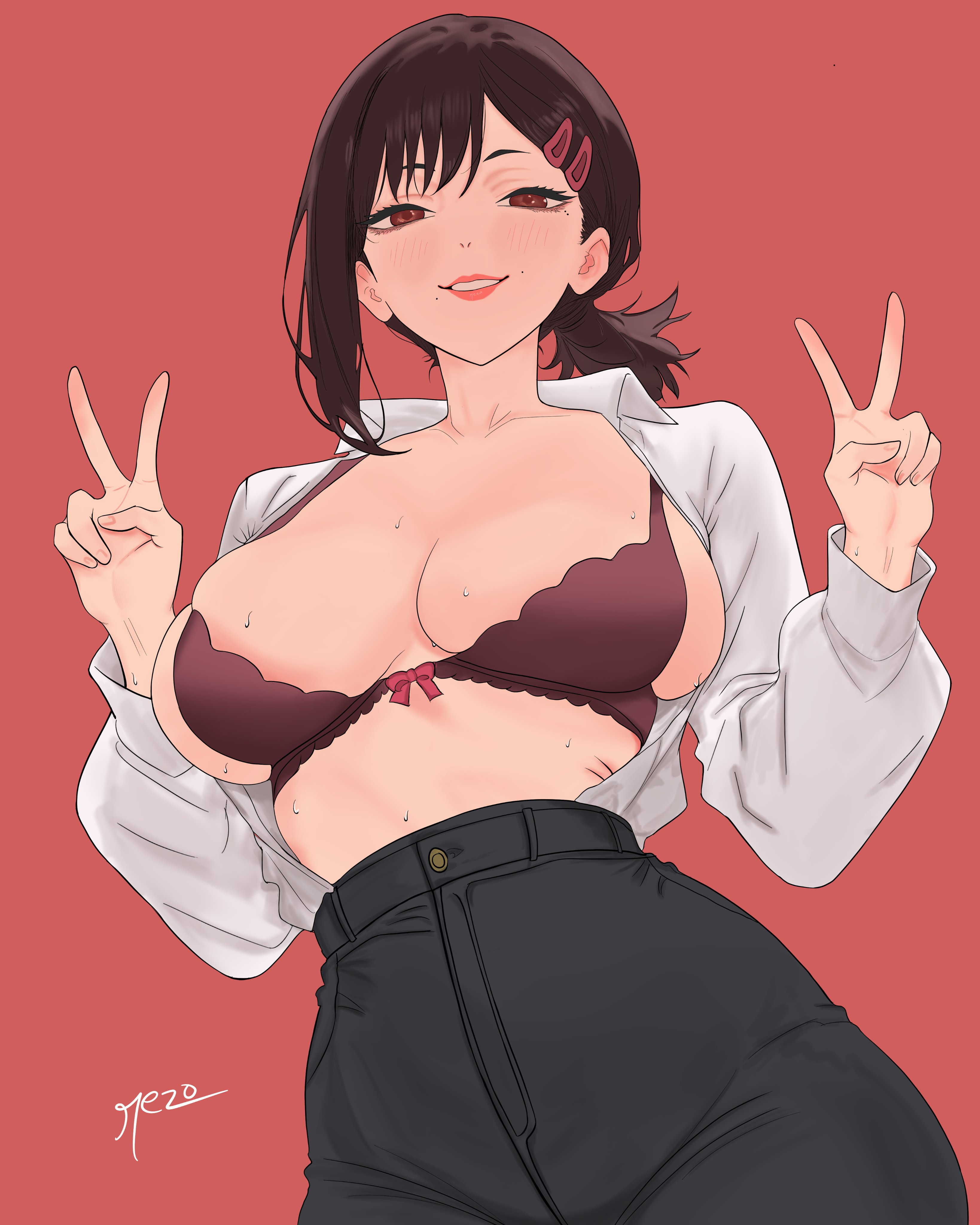 1girls, barely contained, barely contained breasts, barely fits, big breasts, bra, breasts, breasts too big, bursting breasts, chainsaw man, female, female only, higashiyama kobeni, imminent wardrobe malfunction, open clothes, rezo, tight fit, too tight, undersized clothes, undersized clothing, v
