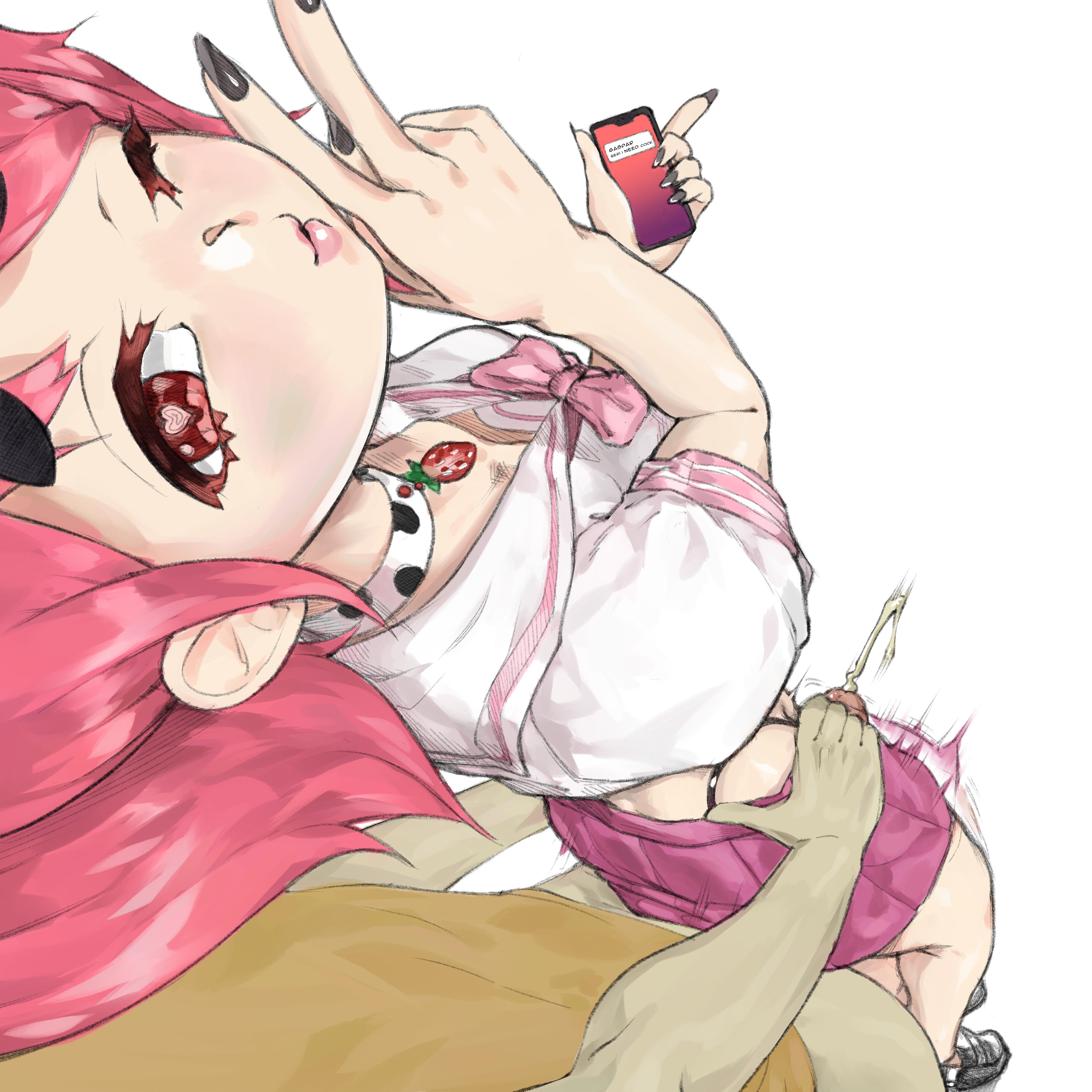 beastiez, beribug, clothed, clothed female, clothed male, collar, cum, cumming, dark-skinned male, female, hands on hips, heart eyes, heart-shaped pupils, indie virtual youtuber, male, message, outercourse, partially clothed, partially clothed male, peace sign, phone, pink hair, sedua weynn, semen, skirt, thigh sex, thong, thong panties, thong straps, virtual youtuber, vtuber, vtuberfanart