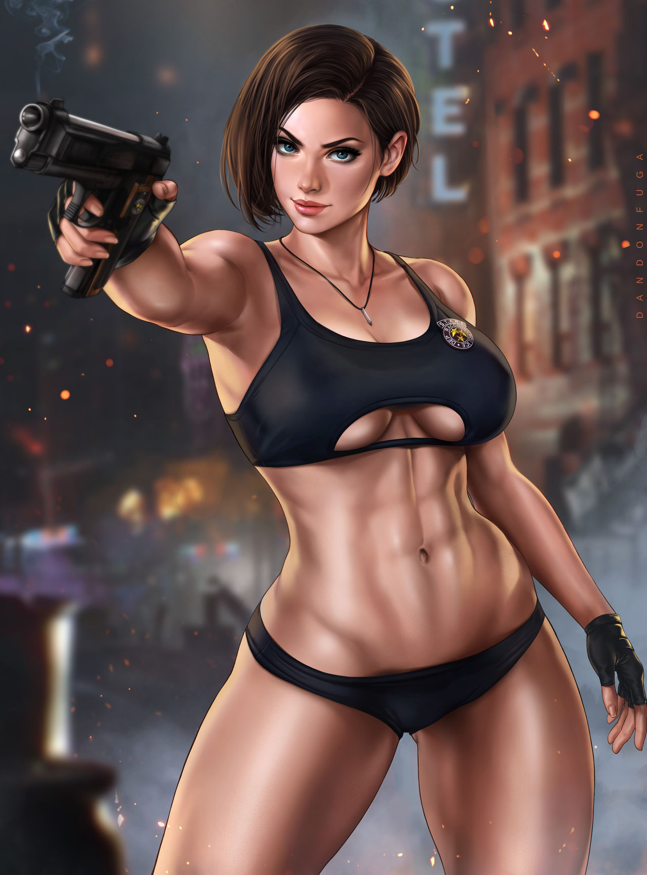 abs blue_eyes brown_hair capcom dandon_fuga female firearm gun handgun handwear human jill_valentine jill_valentine_(sasha_zotova) neckwear pale_skin panties public resident_evil resident_evil_3 resident_evil_3_remake short_hair smoking_gun thick_thighs toned toned_female topwear weapon