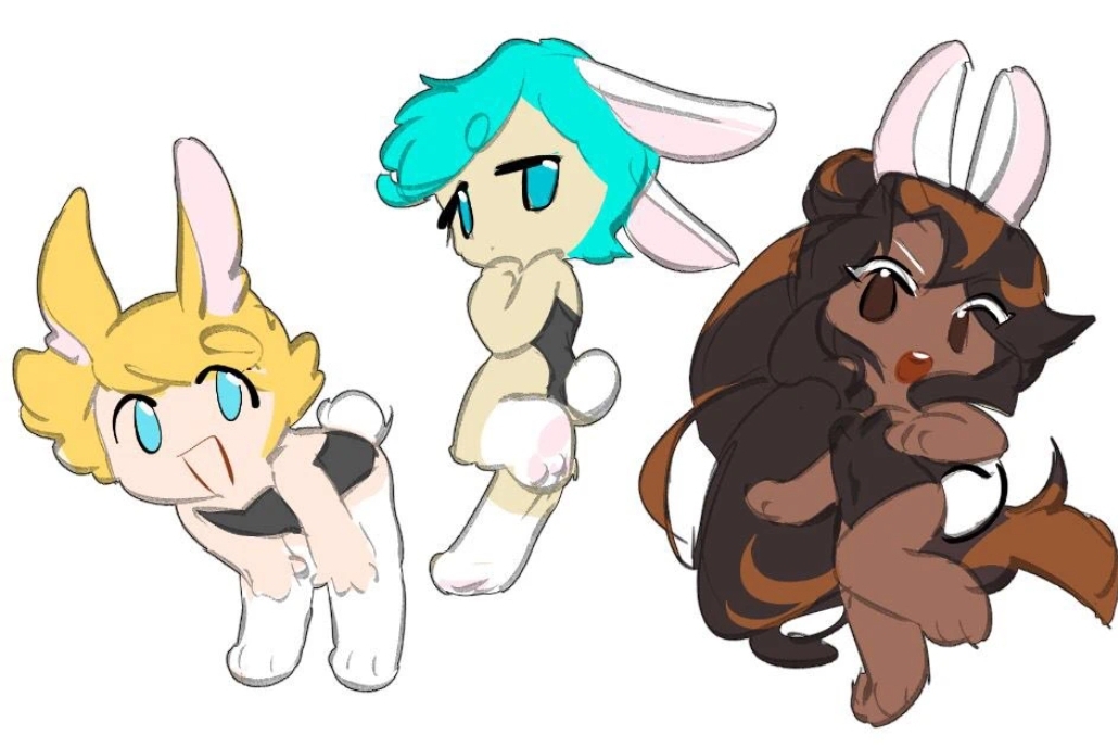 1girls, 2boys, bunnysuit, caramel arrow cookie, cookie run, cookie run kingdom, custard cookie iii, female, femboy, male, peppermint cookie